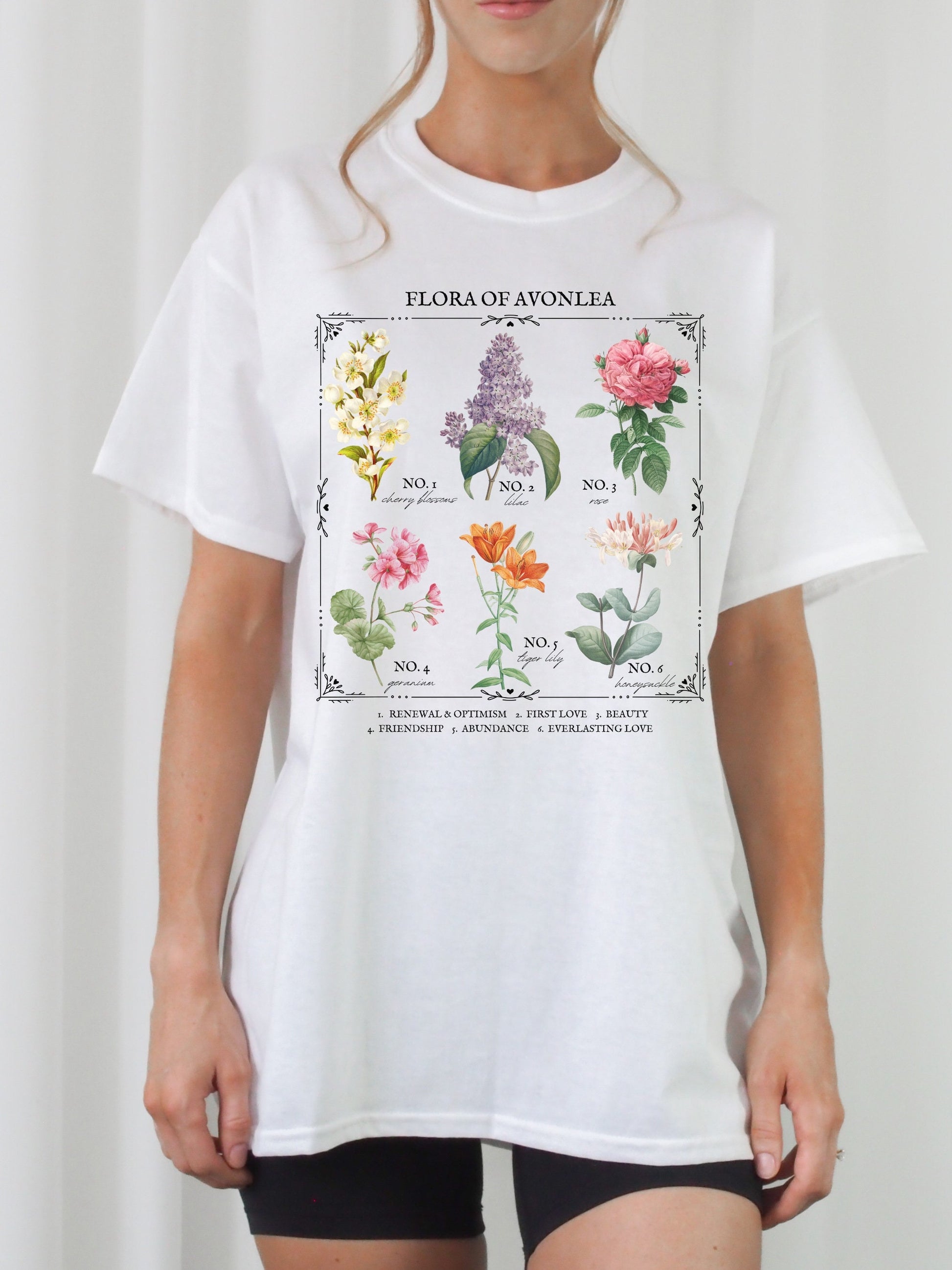 Anne of Green Gables Avonlea Literary Flower Chart Tee Shirt Tshirt Wild Flower Botanical Language of Flowers Cottagecore Bookish Lover Gift