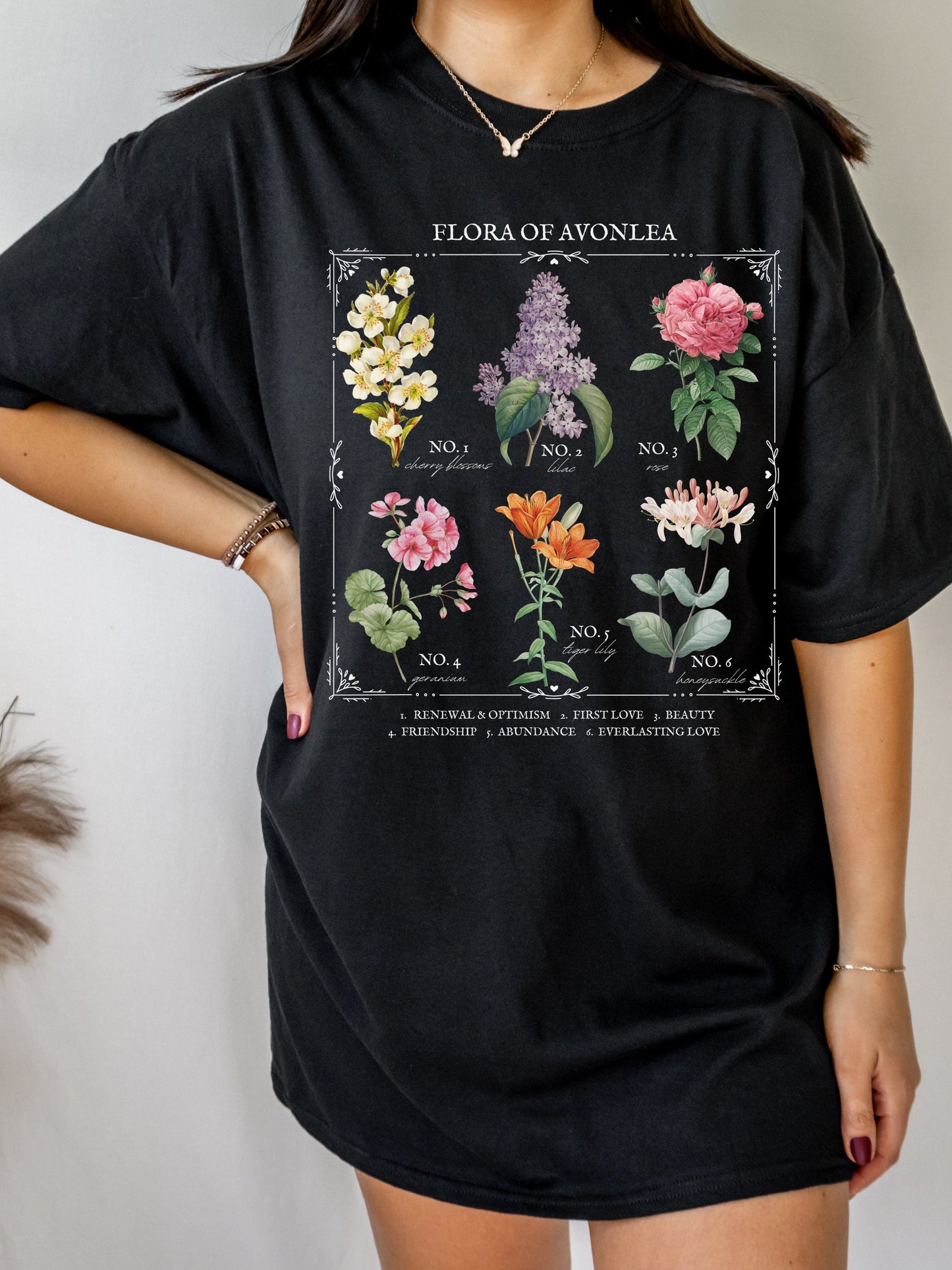 Anne of Green Gables Avonlea Literary Flower Chart Tee Shirt Tshirt Wild Flower Botanical Language of Flowers Cottagecore Bookish Lover Gift