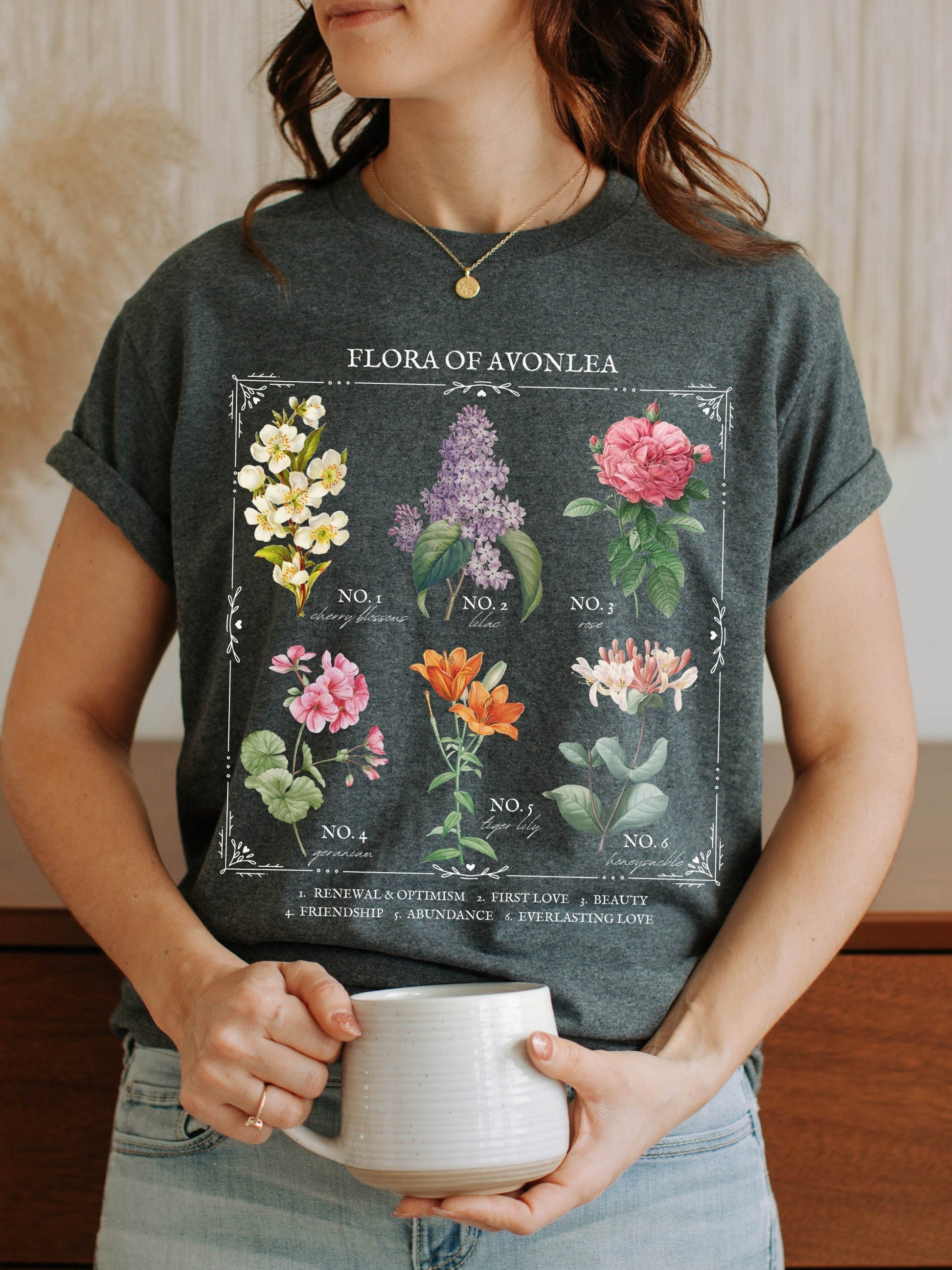 Anne of Green Gables Avonlea Literary Flower Chart Tee Shirt Tshirt Wild Flower Botanical Language of Flowers Cottagecore Bookish Lover Gift