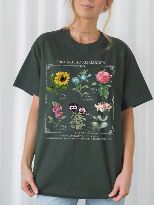 Little Women March Sisters Flower Chart Tee Shirt Tshirt * Orchard House Wild Flower Botanical Language of Flowers Cottagecore Shirt