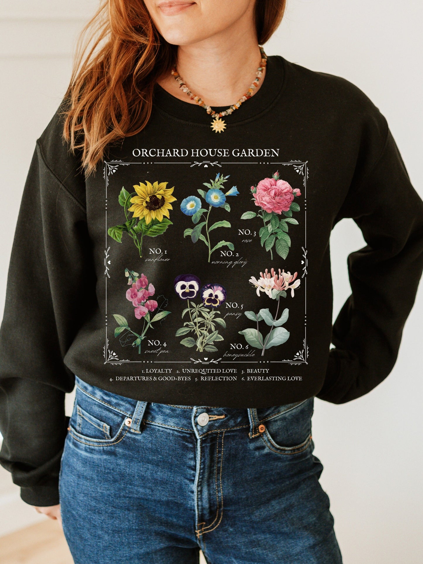 Little Women Literary Flower Chart Sweatshirt * March Sisters Orchard House Wild Flower Botanical Language of Flowers Cottagecore Academia