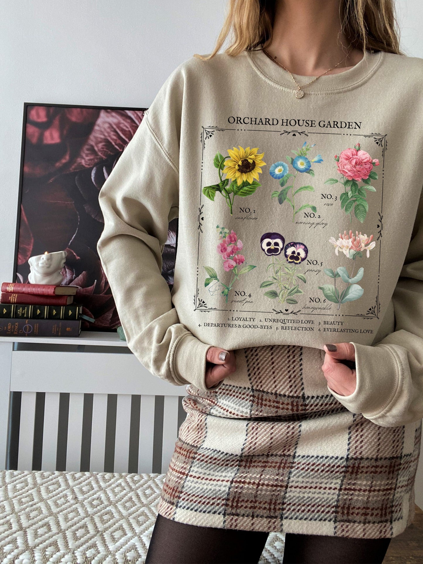 Little Women Literary Flower Chart Sweatshirt * March Sisters Orchard House Wild Flower Botanical Language of Flowers Cottagecore Academia