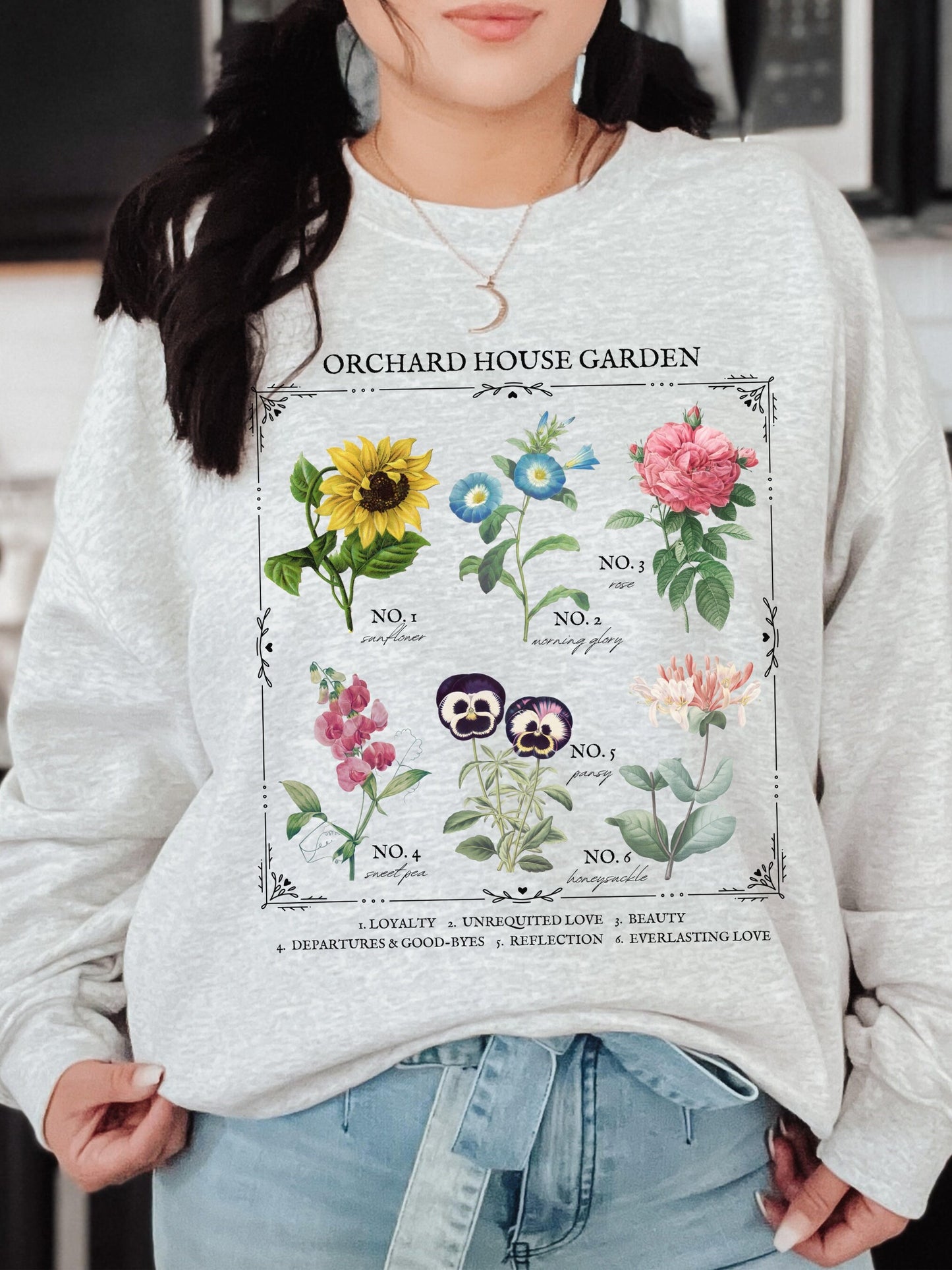 Little Women Literary Flower Chart Sweatshirt * March Sisters Orchard House Wild Flower Botanical Language of Flowers Cottagecore Academia