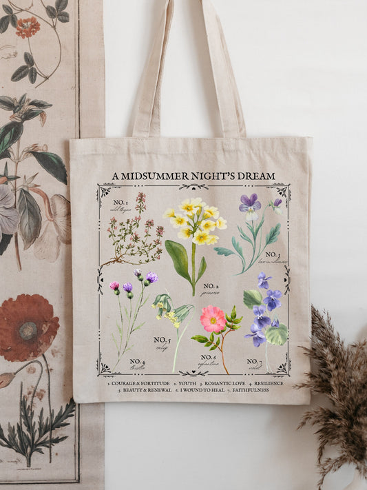 Shakespeare Midsummer Night's Dream Flower Chart Herbology Floral Tote Book Bag * Bookish Bookworm Gift * Poet Literature Shirt