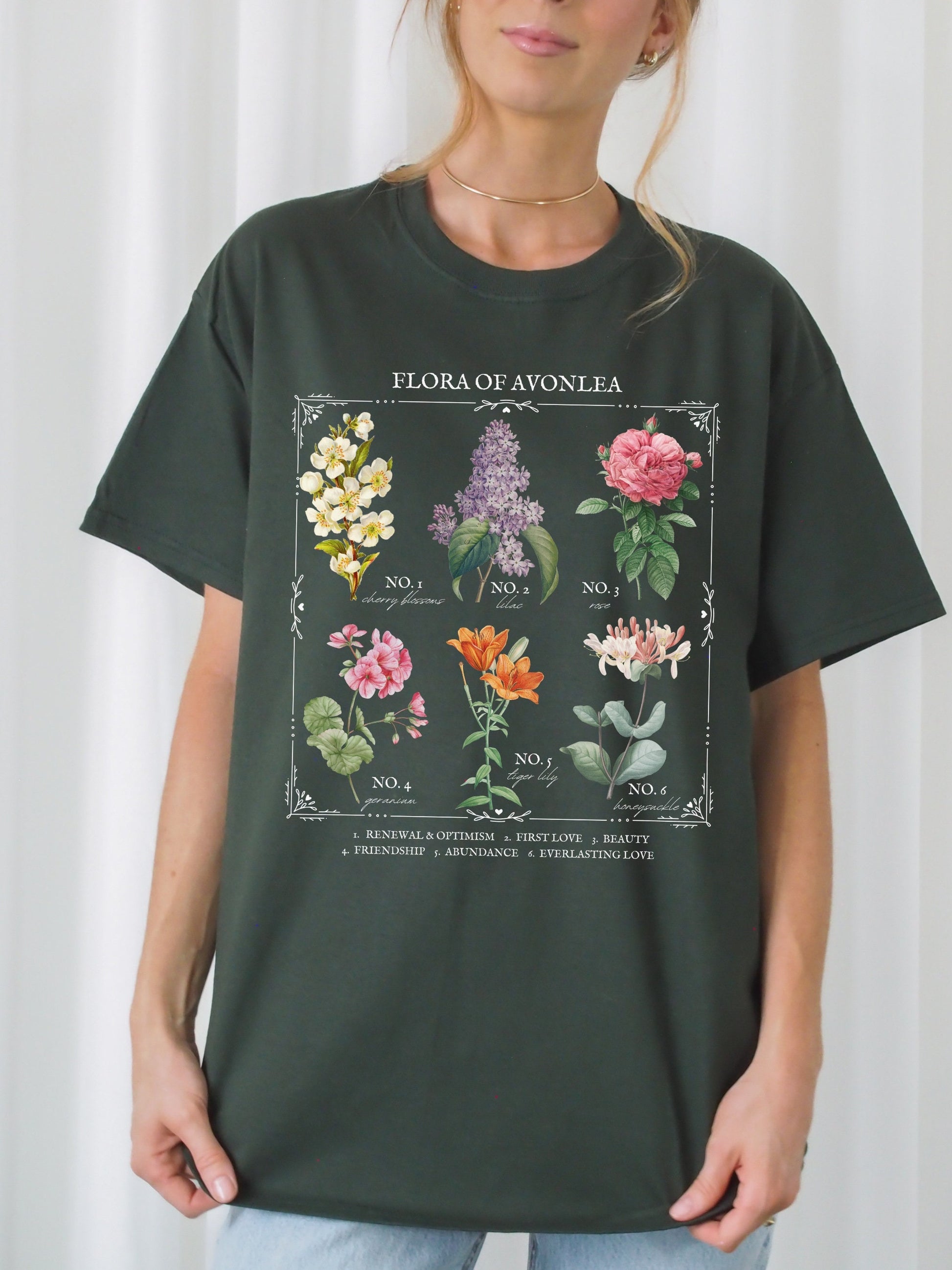 Anne of Green Gables Avonlea Literary Flower Chart Tee Shirt Tshirt Wild Flower Botanical Language of Flowers Cottagecore Bookish Lover Gift