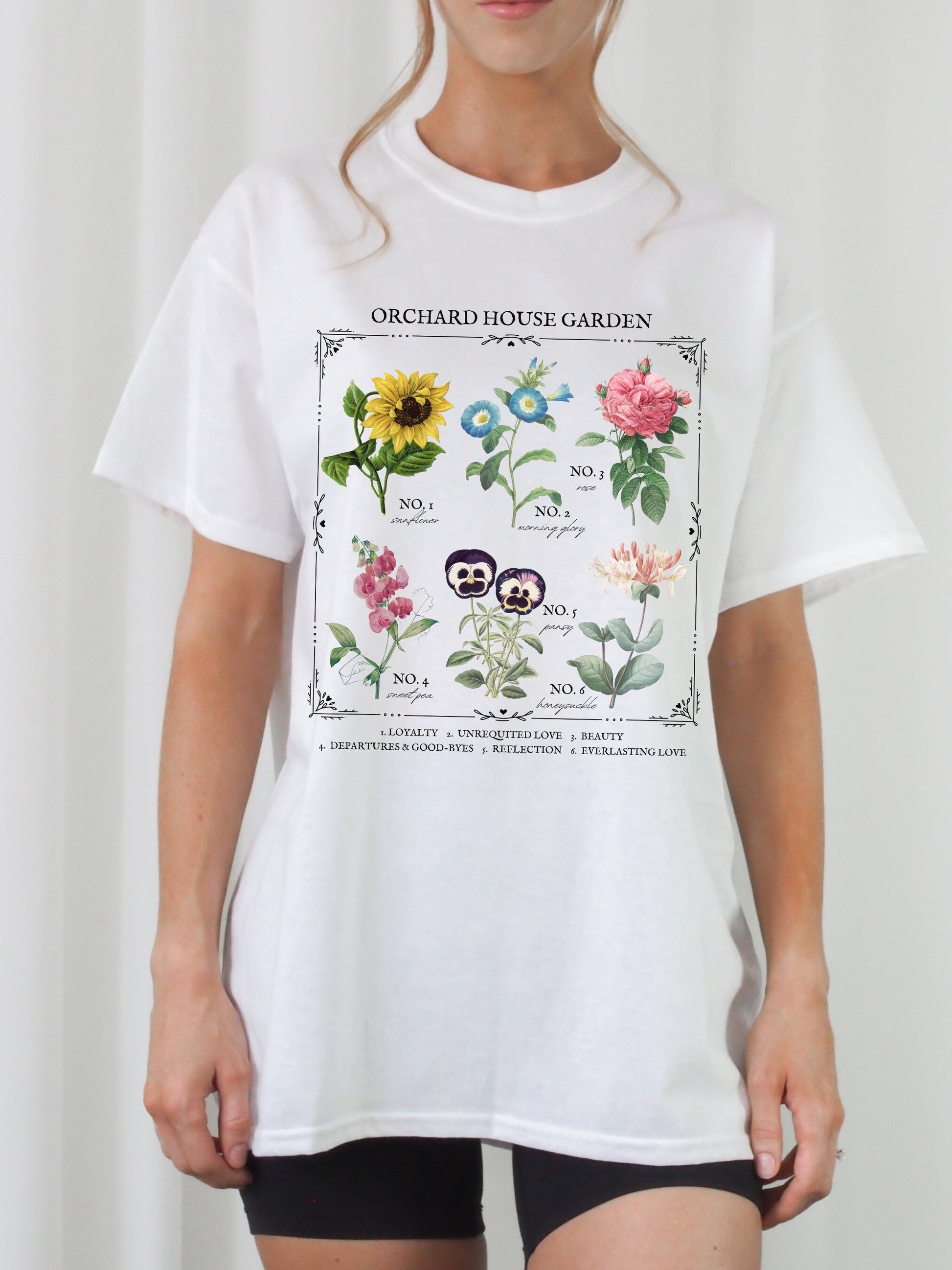 Little Women March Sisters Flower Chart Tee Shirt Tshirt * Orchard House Wild Flower Botanical Language of Flowers Cottagecore Shirt