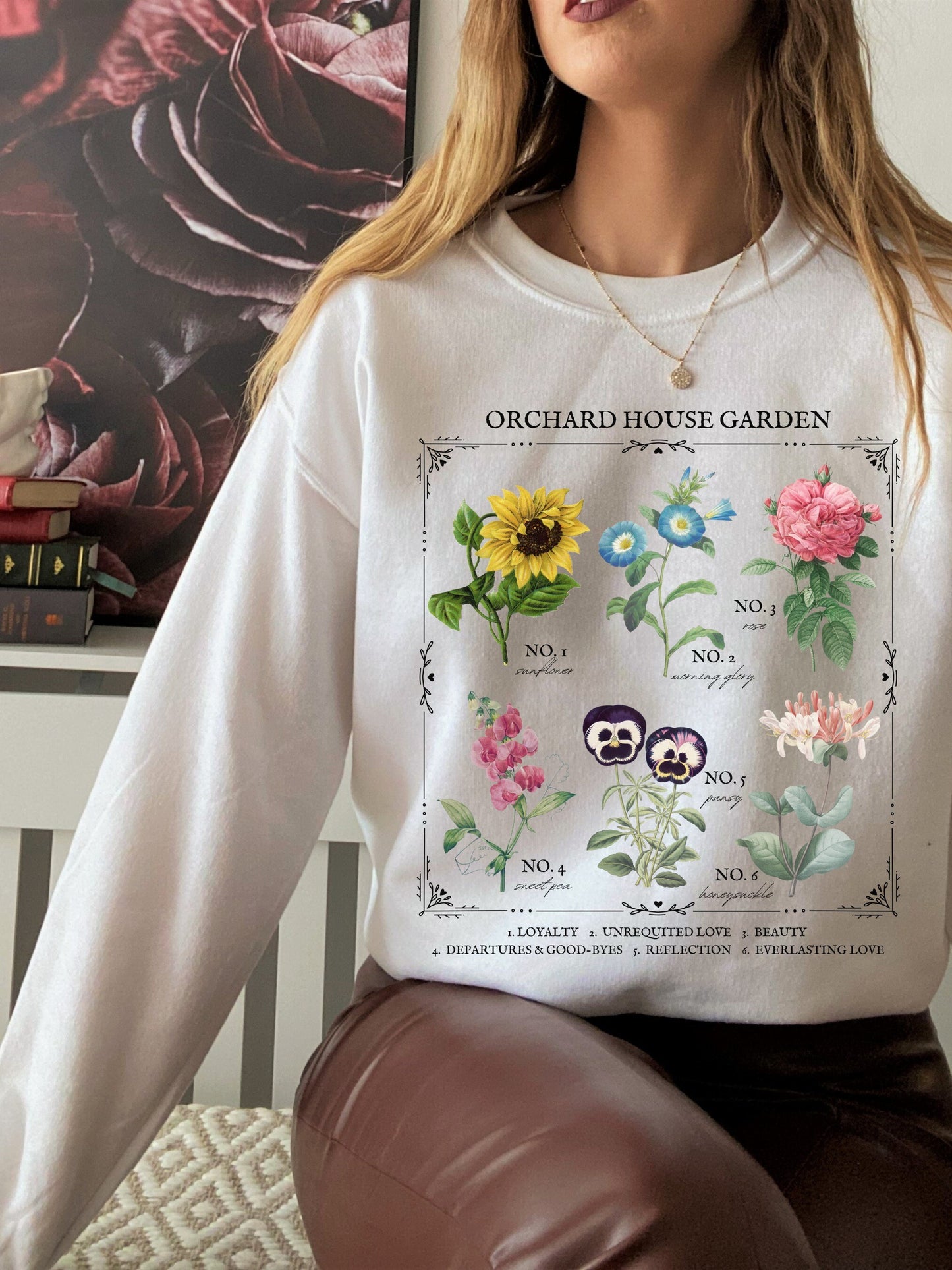 Little Women Literary Flower Chart Sweatshirt * March Sisters Orchard House Wild Flower Botanical Language of Flowers Cottagecore Academia