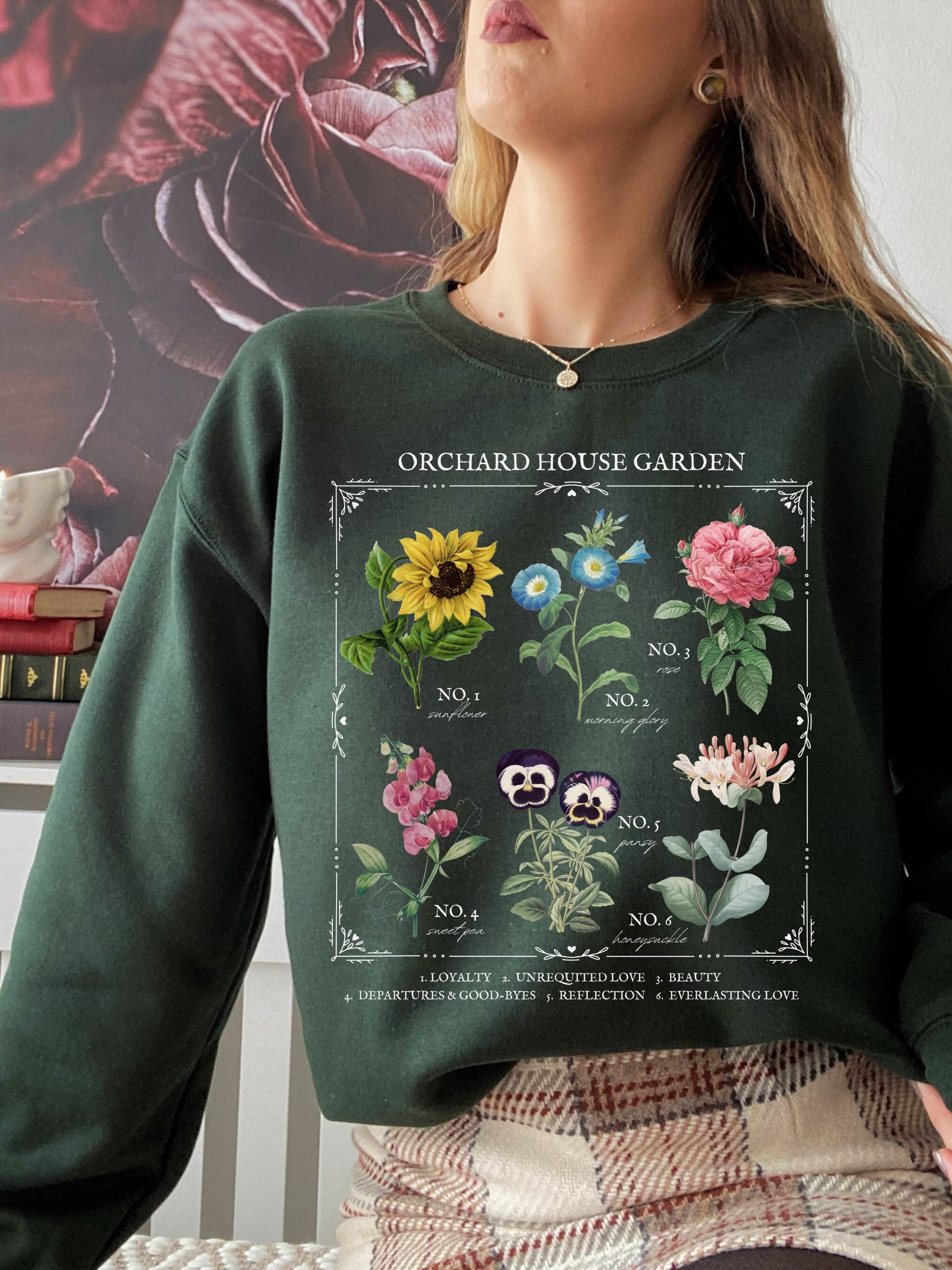 Little Women Literary Flower Chart Sweatshirt * March Sisters Orchard House Wild Flower Botanical Language of Flowers Cottagecore Academia