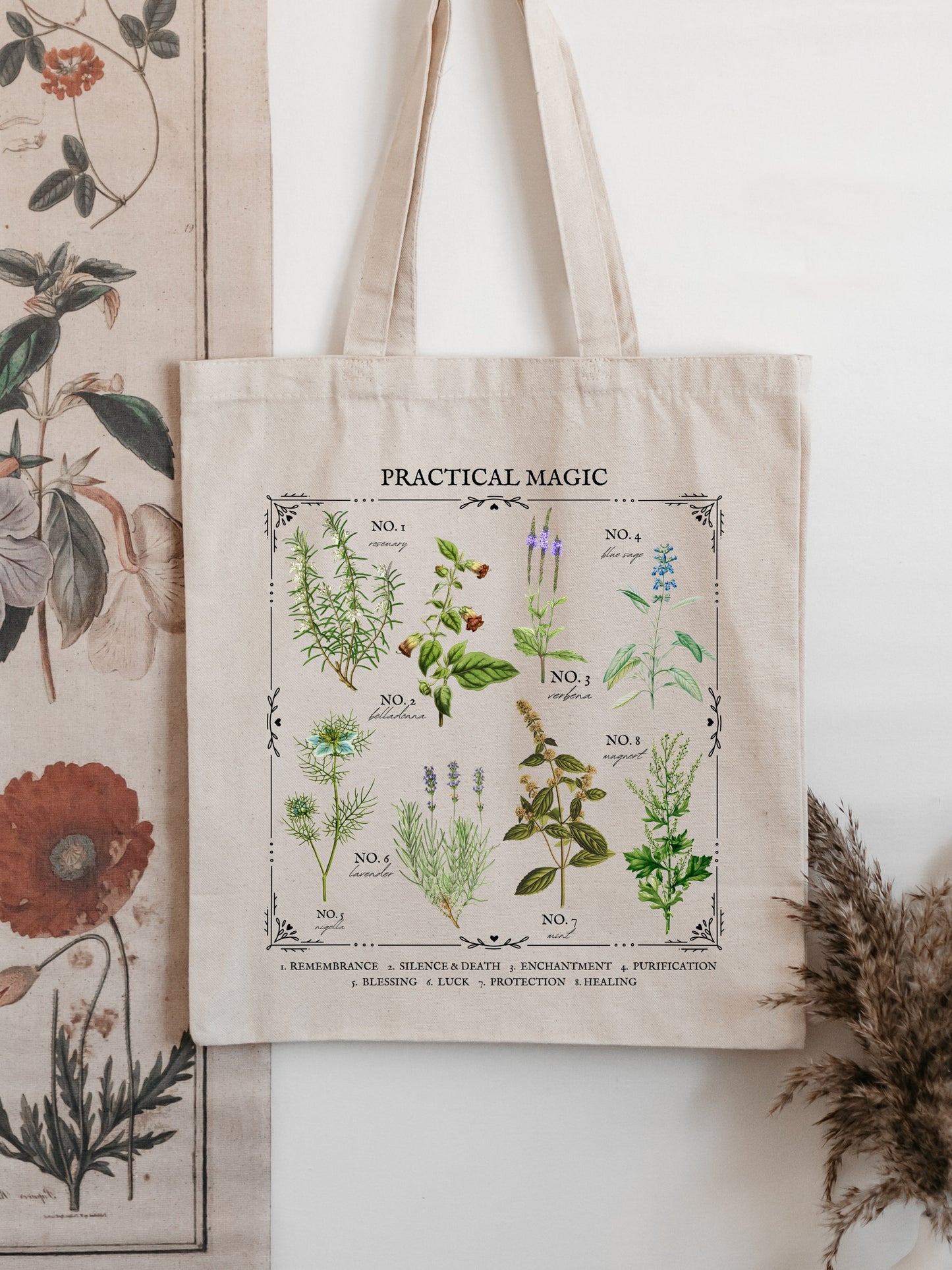 Practical Magic Flower Herb Chart Botanical Wild Flower Tote Bag * Owens Sisters Apothecary * Salt Lavender Rosemary * Midnight Margaritas