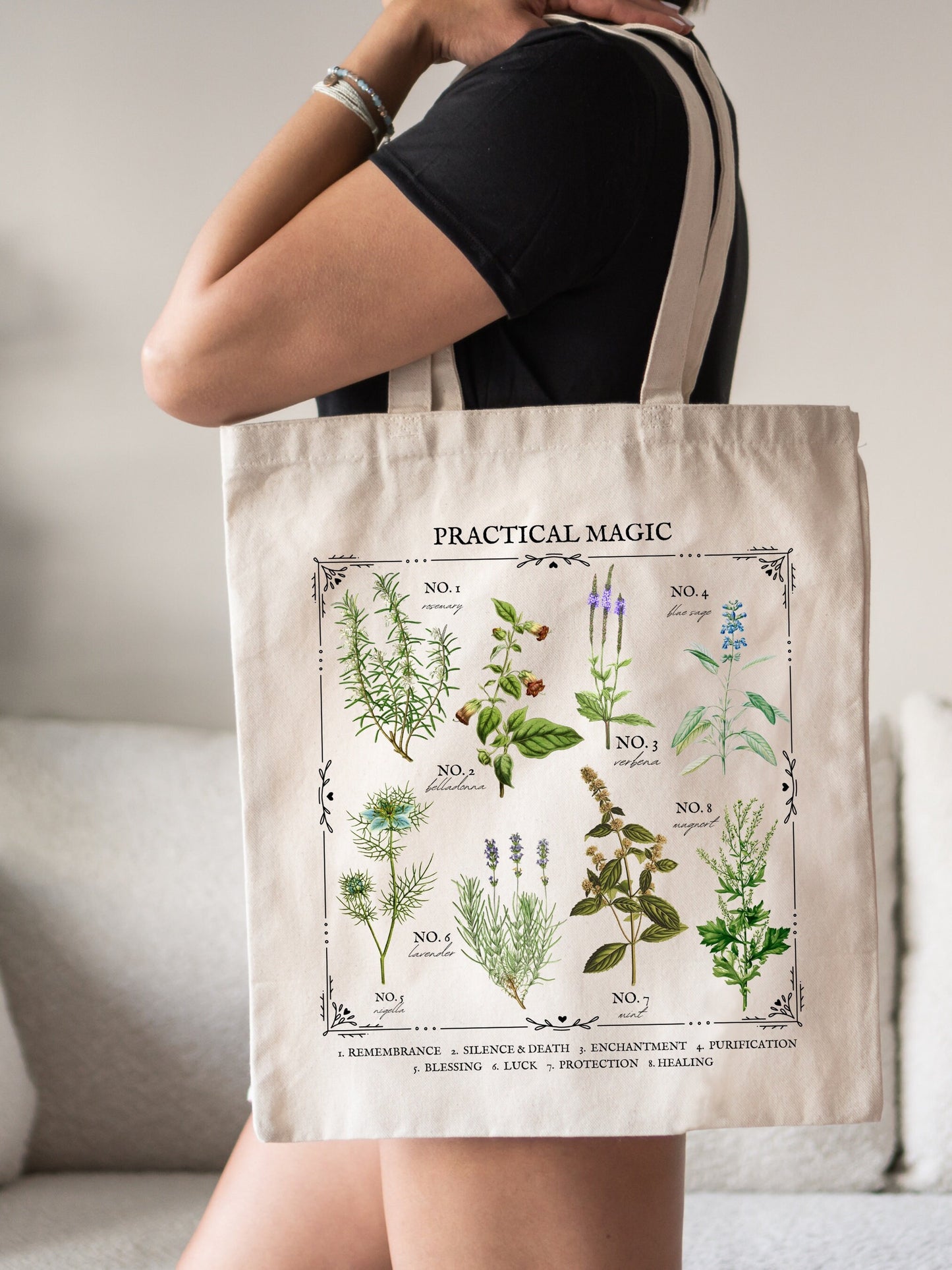 Practical Magic Flower Herb Chart Botanical Wild Flower Tote Bag * Owens Sisters Apothecary * Salt Lavender Rosemary * Midnight Margaritas