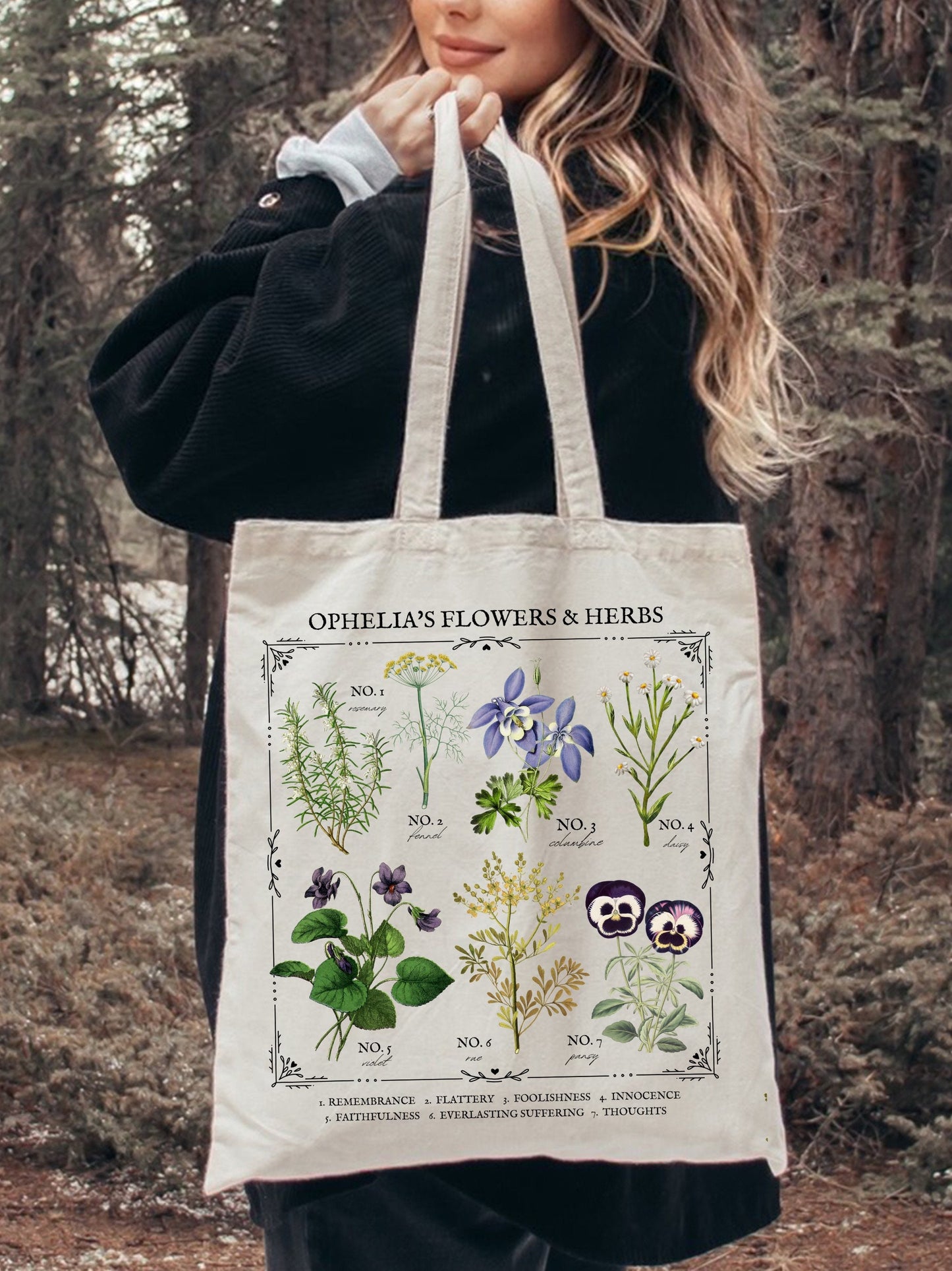 Shakespeare Hamlet Ophelia Flower Chart Herbology Floral Tote Book Bag * Bookish Bookworm Gift * Poet Literature Shirt * Dark Academia