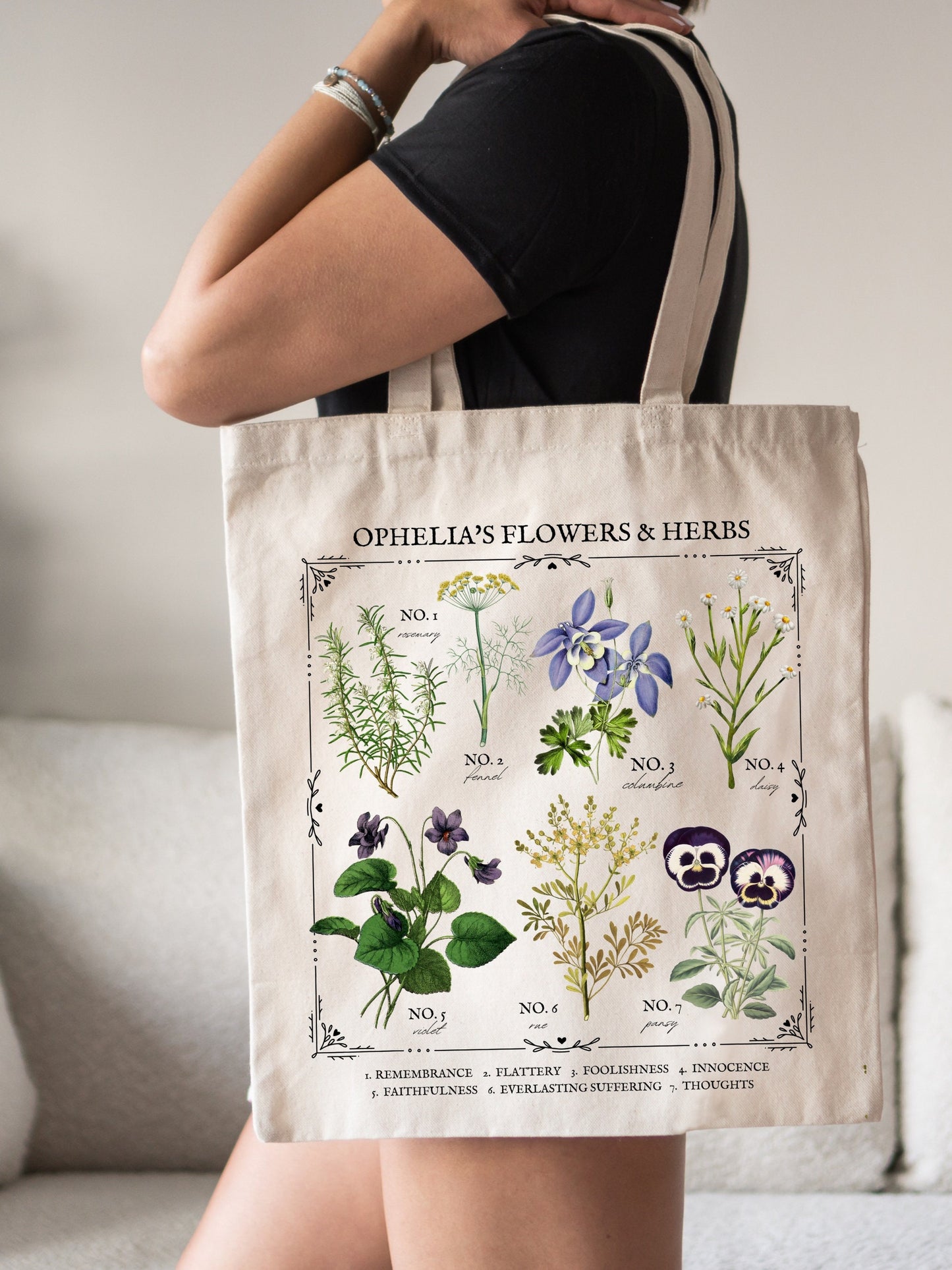 Shakespeare Hamlet Ophelia Flower Chart Herbology Floral Tote Book Bag * Bookish Bookworm Gift * Poet Literature Shirt * Dark Academia