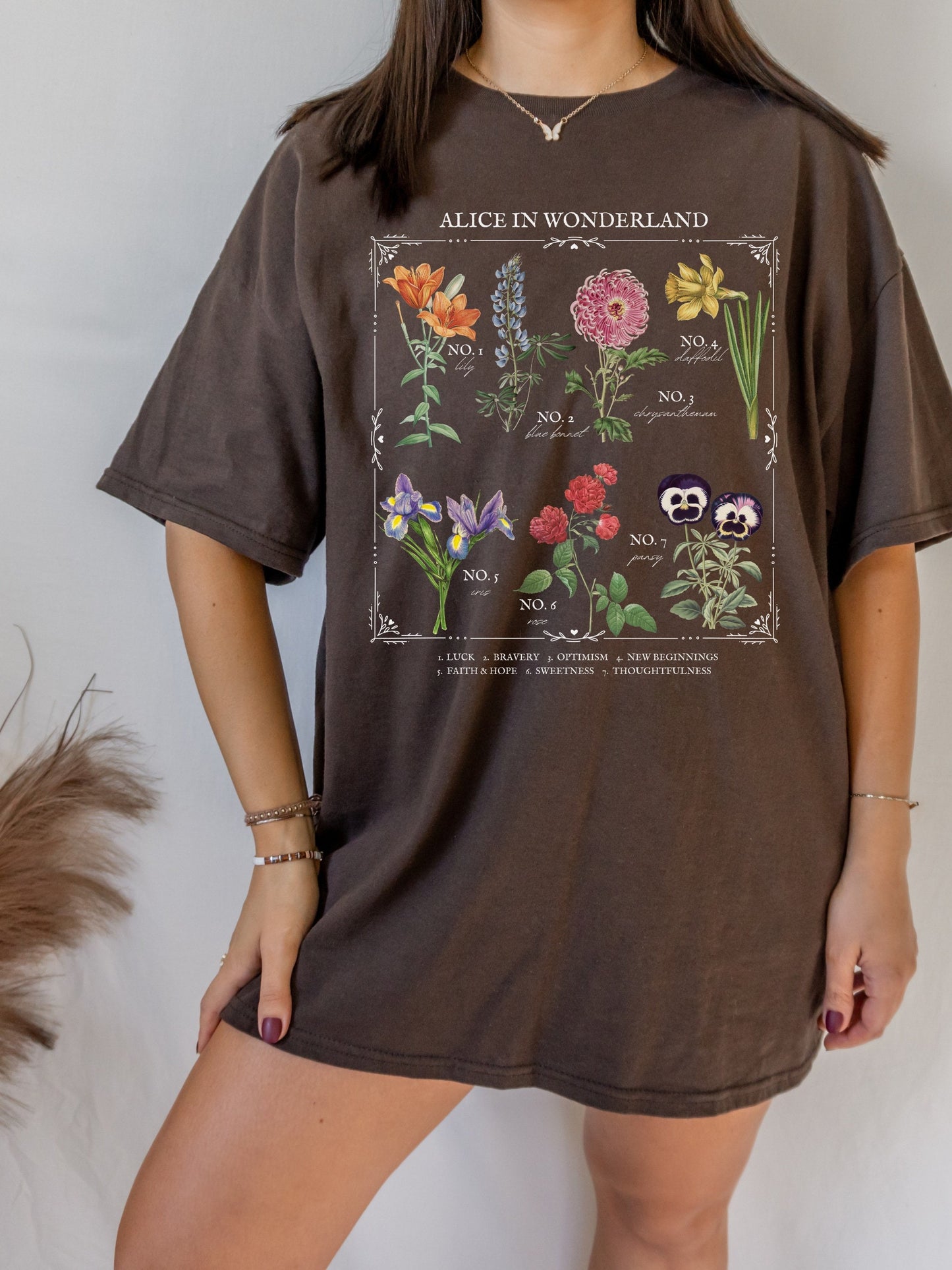 Alice in Wonderland Flower Chart Herbology Floral Botanical Tee Shirt Tshirt * Bookish Bookworm Gift * Poet Literature Shirt * Dark Academia