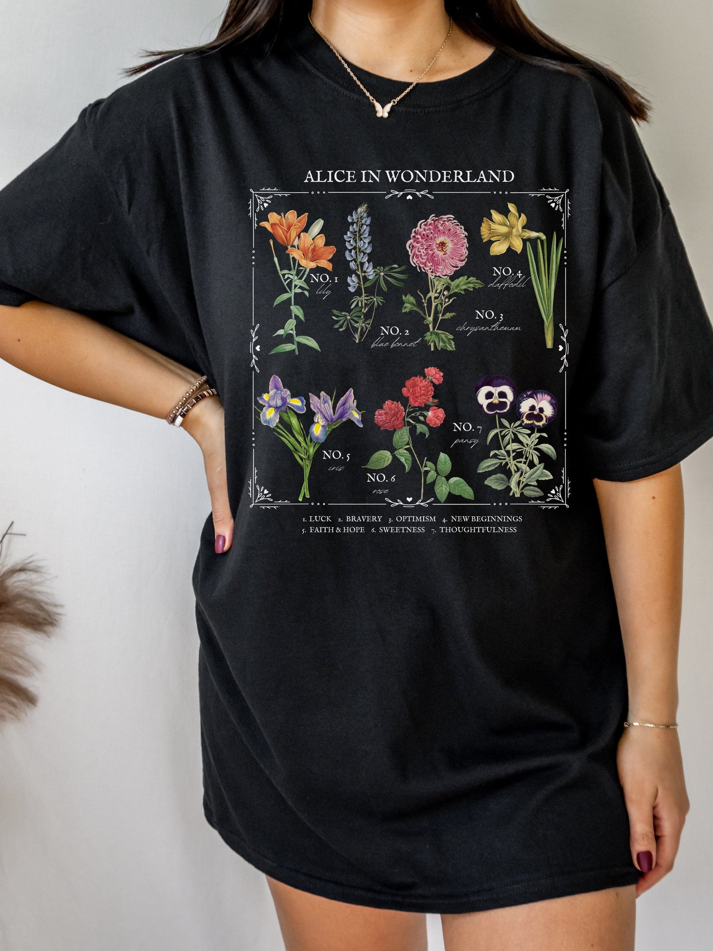 Alice in Wonderland Flower Chart Herbology Floral Botanical Tee Shirt Tshirt * Bookish Bookworm Gift * Poet Literature Shirt * Dark Academia