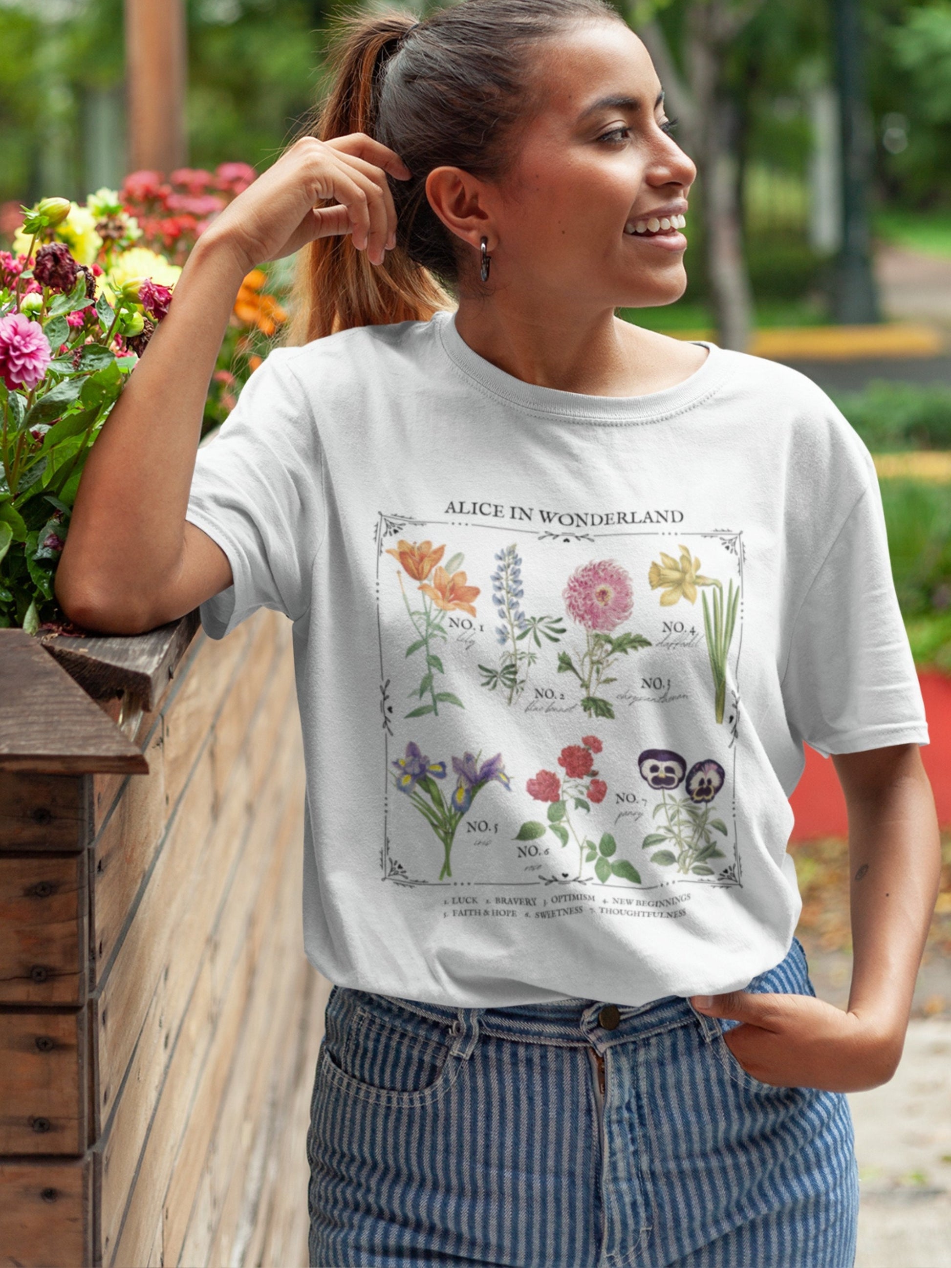 Alice in Wonderland Flower Chart Herbology Floral Botanical Tee Shirt Tshirt * Bookish Bookworm Gift * Poet Literature Shirt * Dark Academia