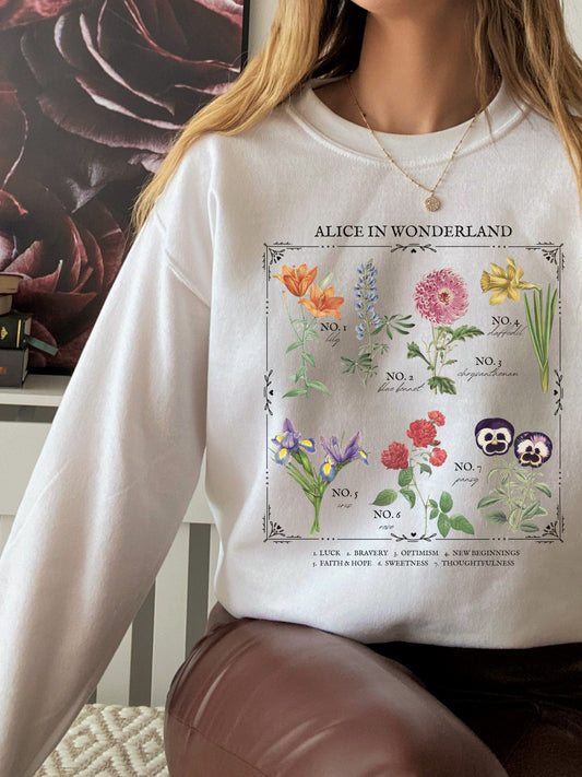 Alice in Wonderland Literary Flower Chart Herbology Floral Botanical Sweatshirt * Bookish Gift * Poet Literature Shirt Cottagecore Academia