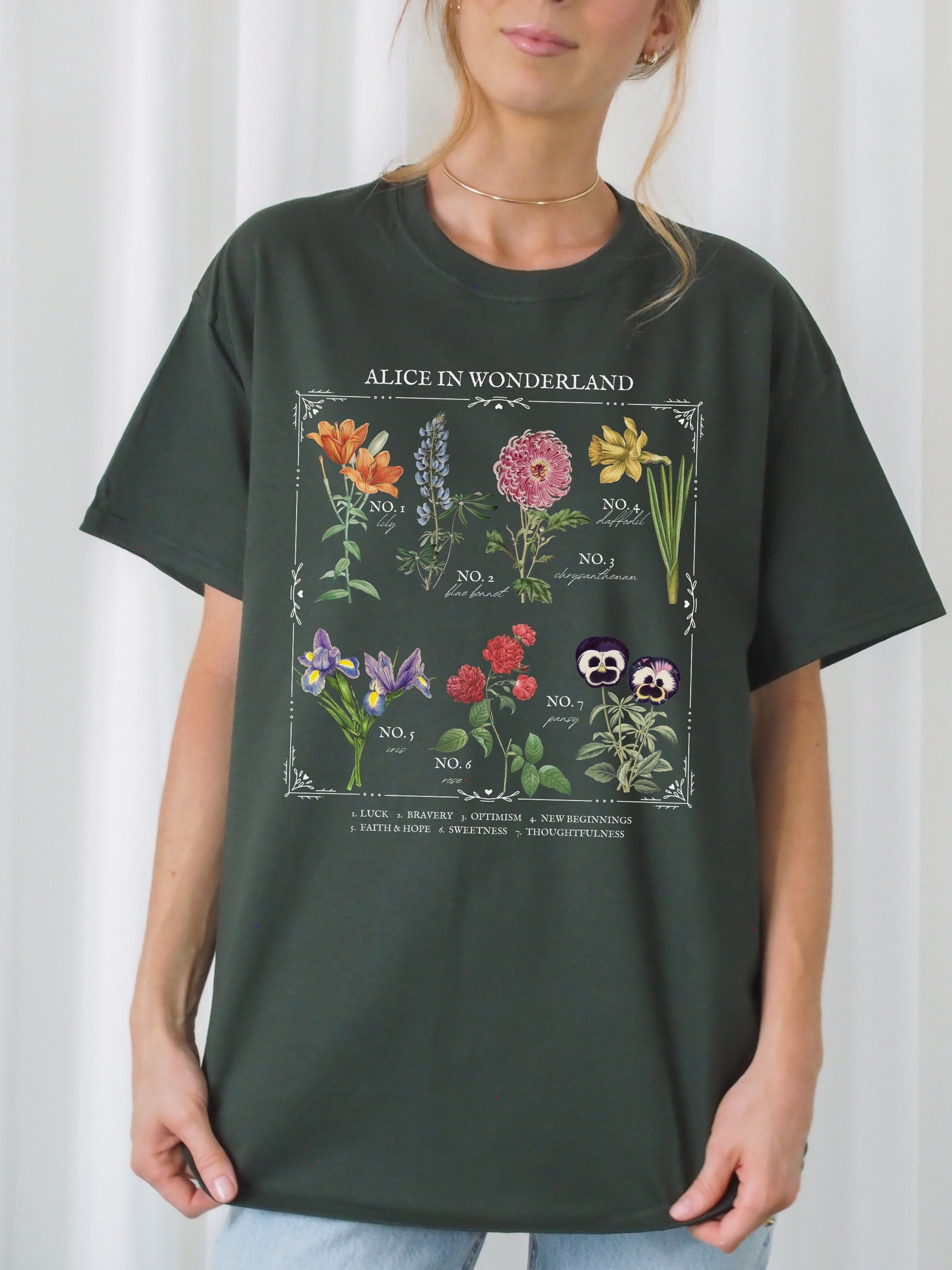 Alice in Wonderland Flower Chart Herbology Floral Botanical Tee Shirt Tshirt * Bookish Bookworm Gift * Poet Literature Shirt * Dark Academia