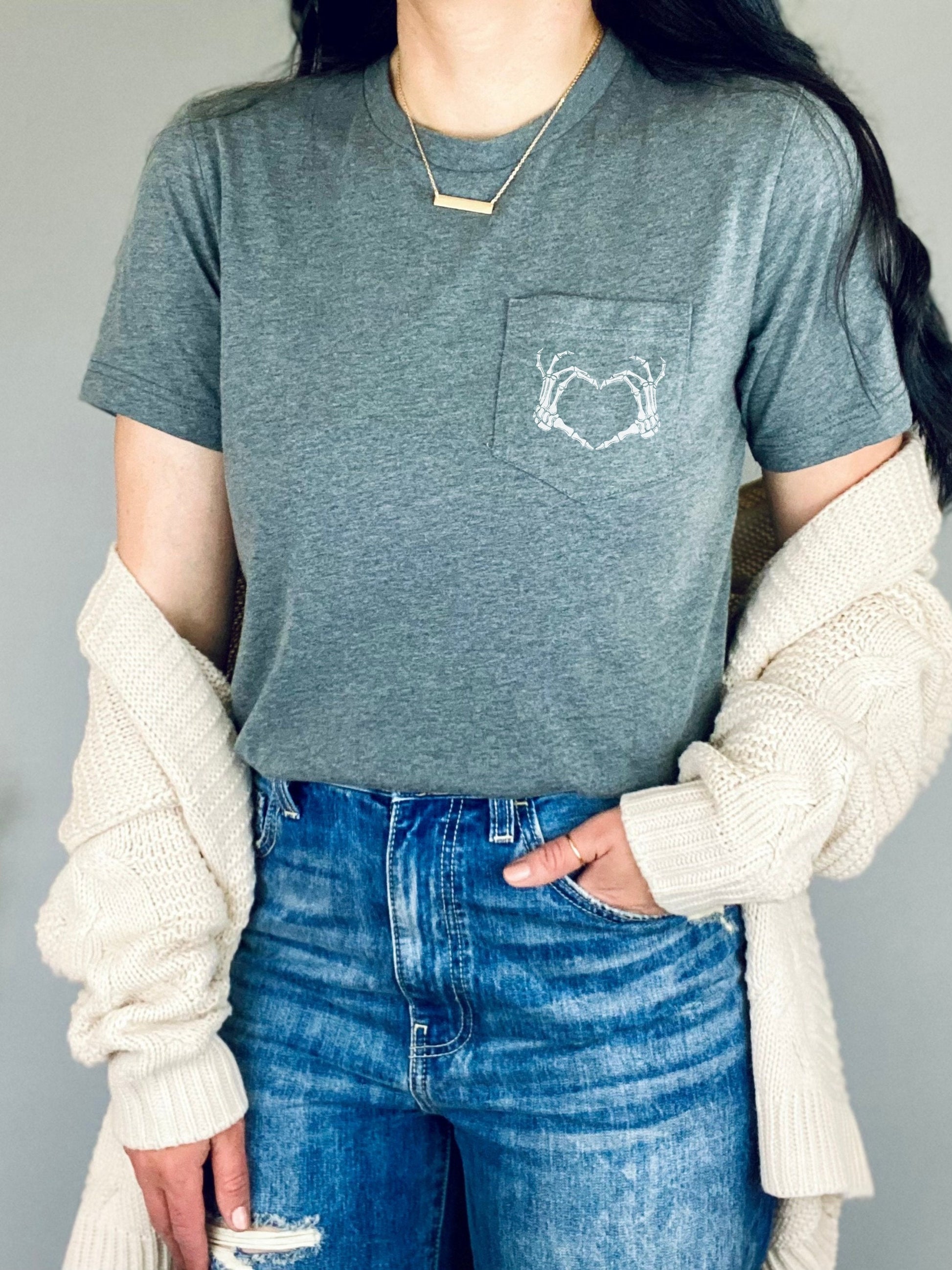 Halloween Skeleton Heart Hands Pocket Tee Shirt Tshirt * Trendy Halloween 2023 Spooky Season Stay Spooky Fall Autumn Witchy Gothic pumpkin