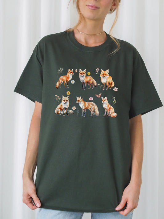 Cottagecore Fox Lover Floral Watercolor Wildflower Tee Shirt Tshirt * Forestcore Goblincore Green Witch Whimsigoth Nature Indie Shirt Gift