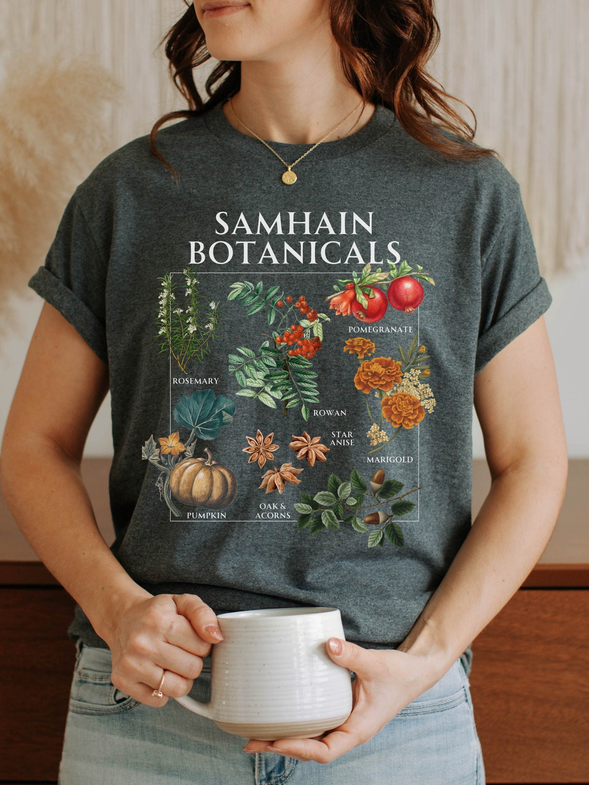 Samhain Botanicals Herbology Tee Shirt Witchy Cottagecore Halloween Wheel of the Year Green Witch Wild Flower Chart Tshirt Fall Aesthetic