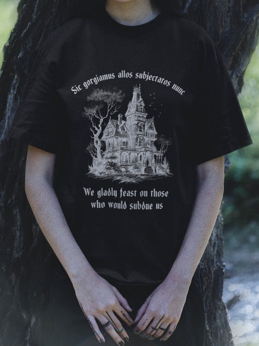 Halloween Latin Shirt we gladly feast on those who would subdue us Dark Academia Witchy Grunge Gothic Bats Spooky kooky addams Aesthetic Tee