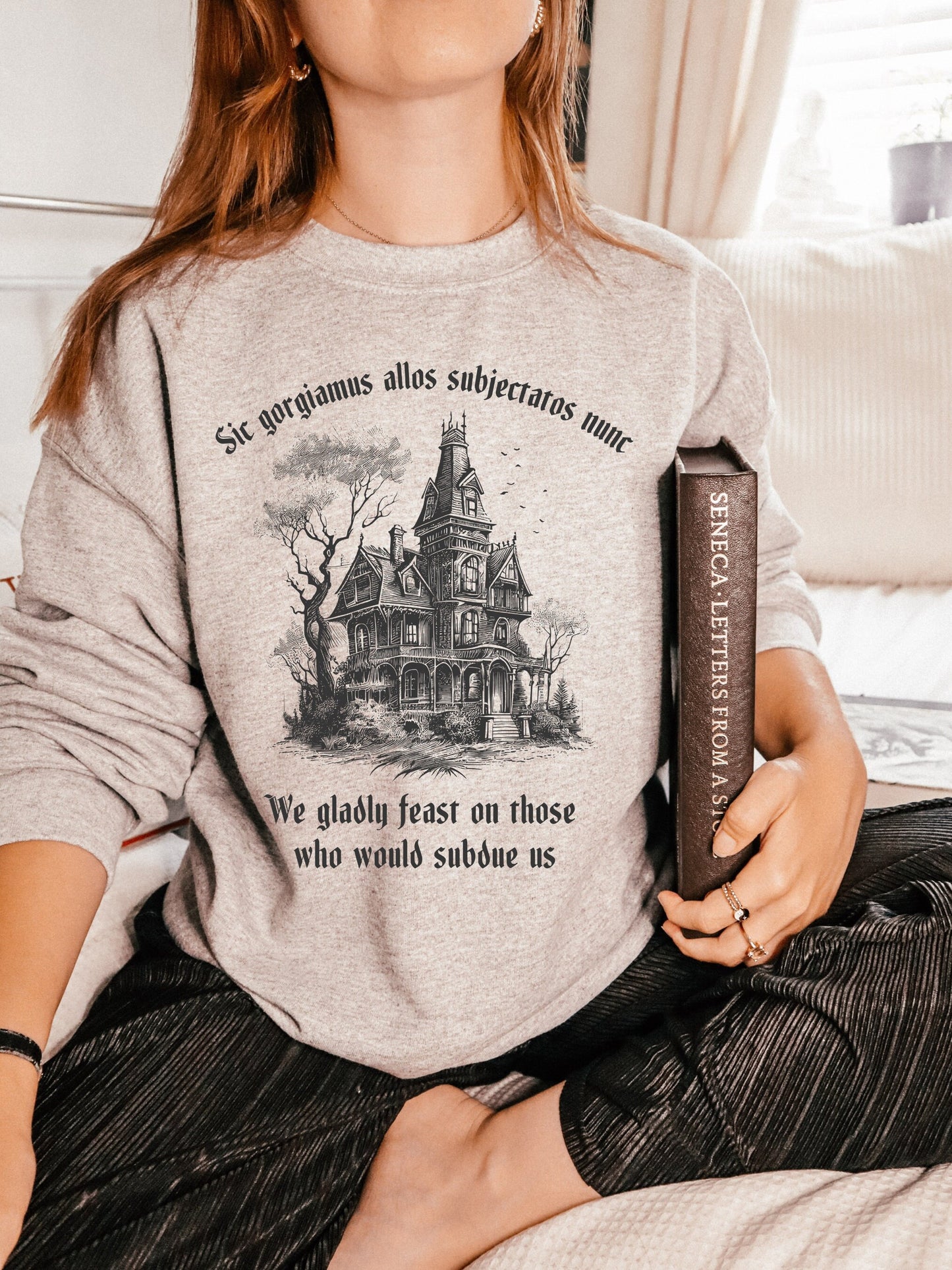 Halloween Latin Sweatshirt we gladly feast on those who would subdue us Dark Academia Witchy Grunge Gothic Bat Spooky kooky addams Aesthetic