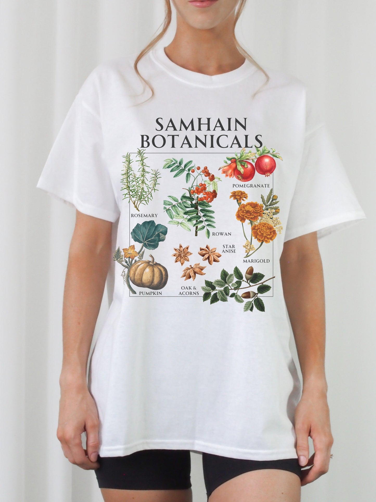 Samhain Botanicals Herbology Tee Shirt Witchy Cottagecore Halloween Wheel of the Year Green Witch Wild Flower Chart Tshirt Fall Aesthetic