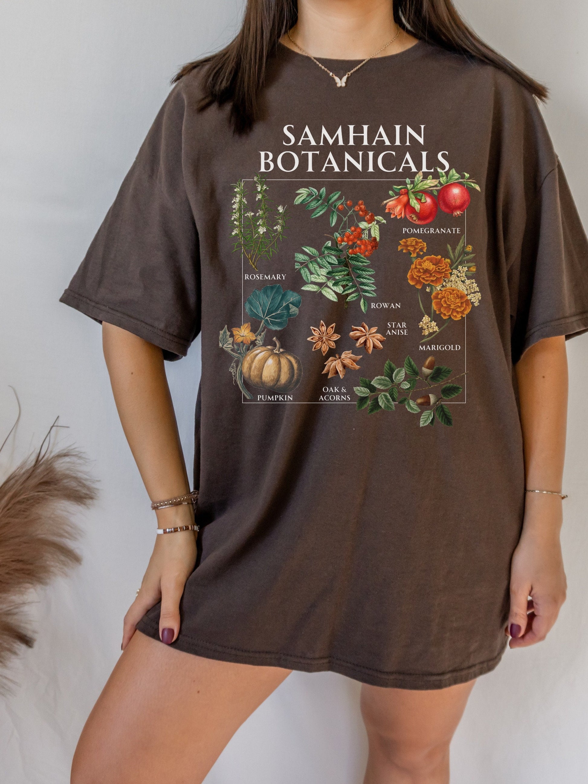 Samhain Botanicals Herbology Tee Shirt Witchy Cottagecore Halloween Wheel of the Year Green Witch Wild Flower Chart Tshirt Fall Aesthetic