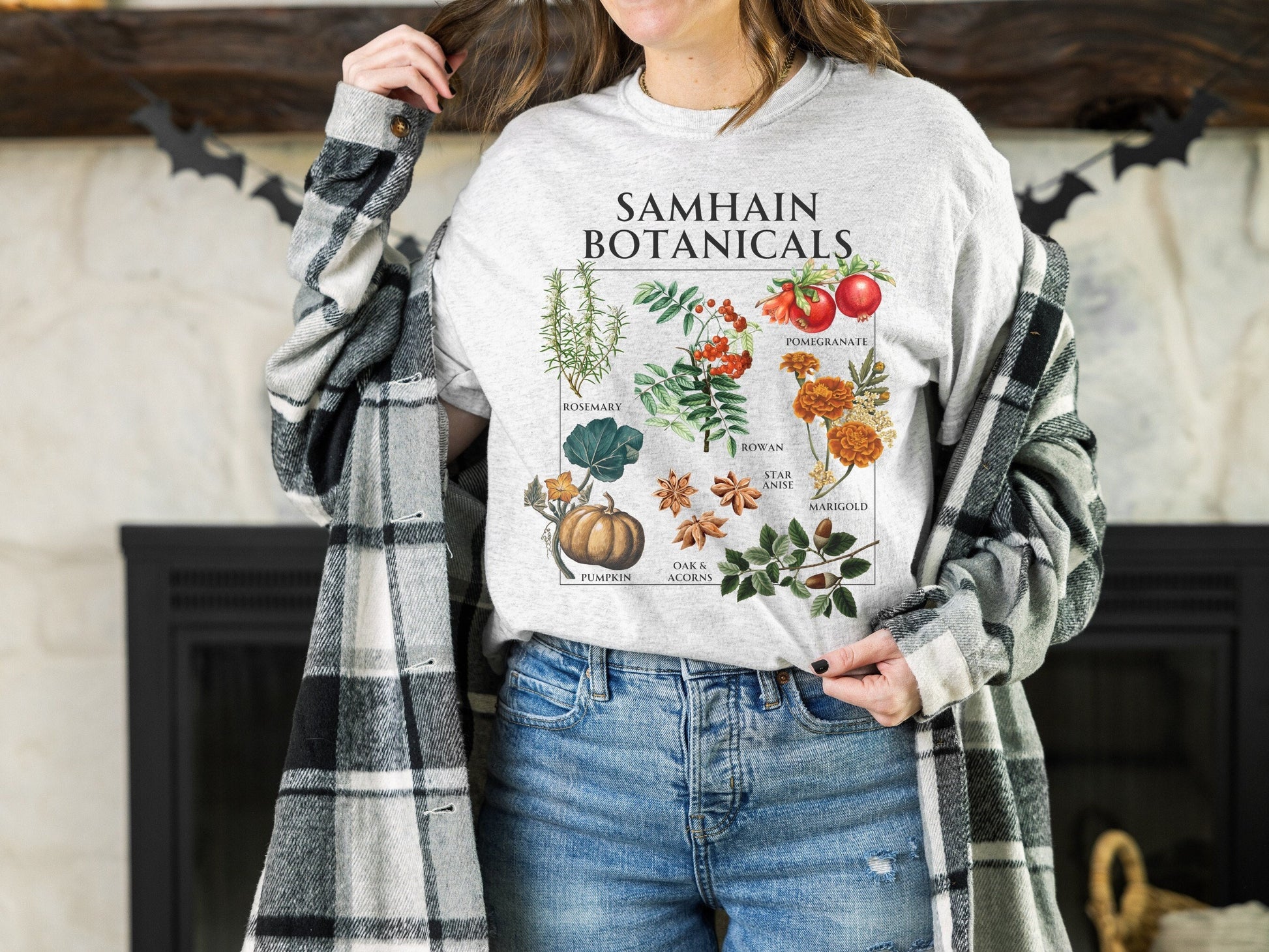 Samhain Botanicals Herbology Tee Shirt Witchy Cottagecore Halloween Wheel of the Year Green Witch Wild Flower Chart Tshirt Fall Aesthetic