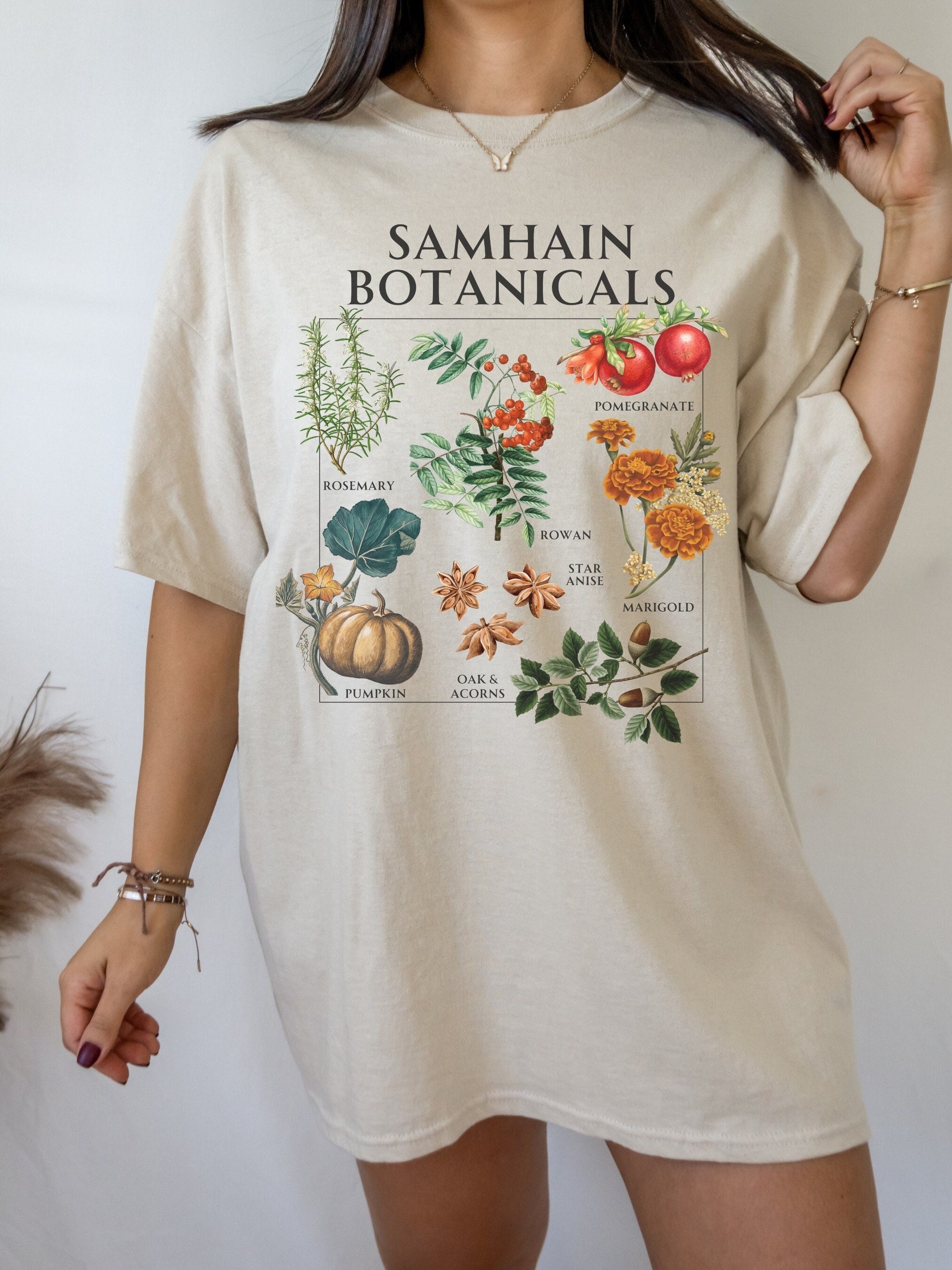 Samhain Botanicals Herbology Tee Shirt Witchy Cottagecore Halloween Wheel of the Year Green Witch Wild Flower Chart Tshirt Fall Aesthetic