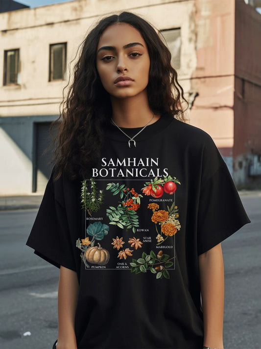 Samhain Botanicals Herbology Tee Shirt Witchy Cottagecore Halloween Wheel of the Year Green Witch Wild Flower Chart Tshirt Fall Aesthetic