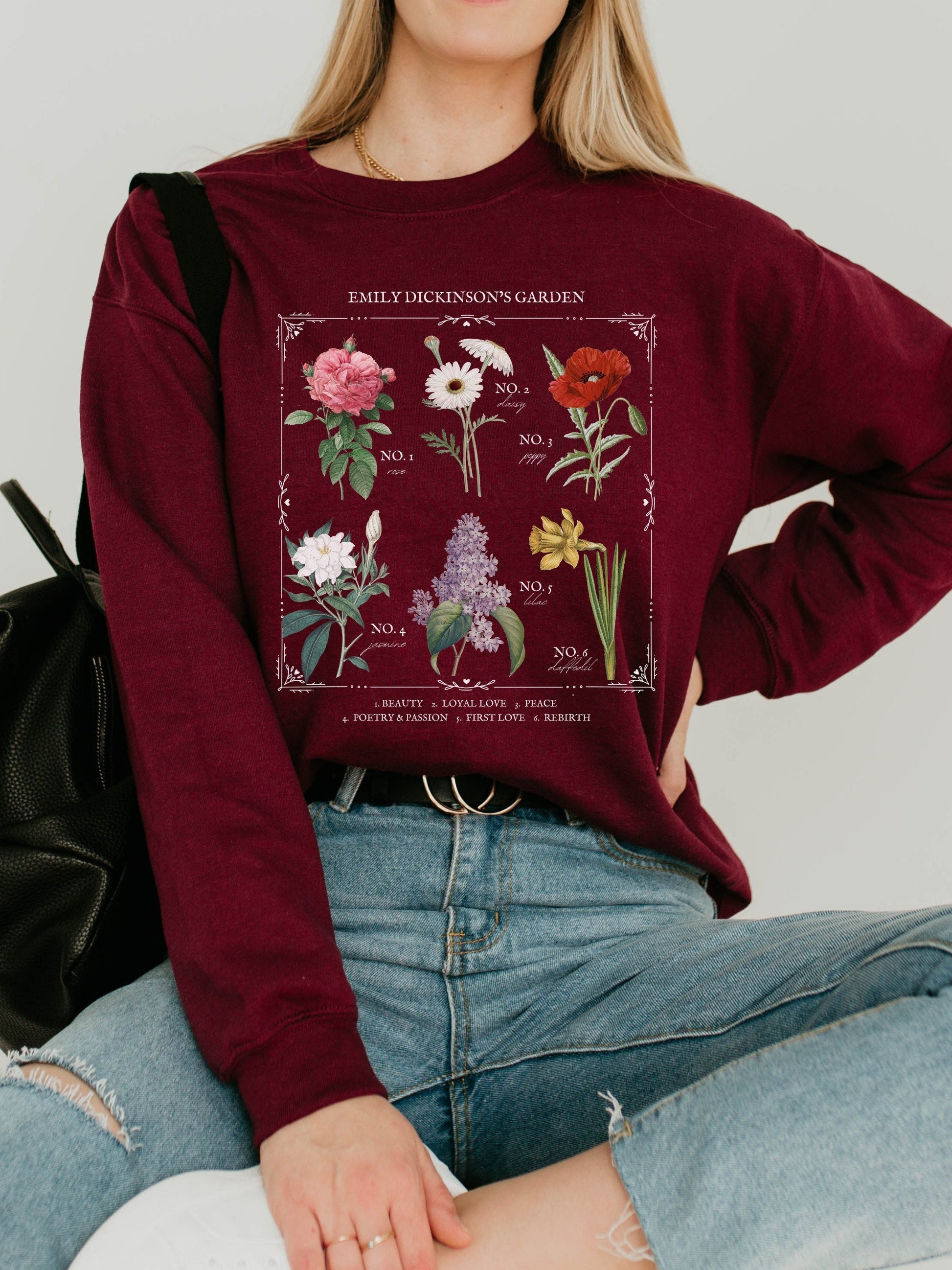 Emily Dickinson Garden Flower Chart Herbology Floral Sweatshirt * Bookish Merch Bookworm Gift Poet Literature Shirt Dark Academia Aesthetic