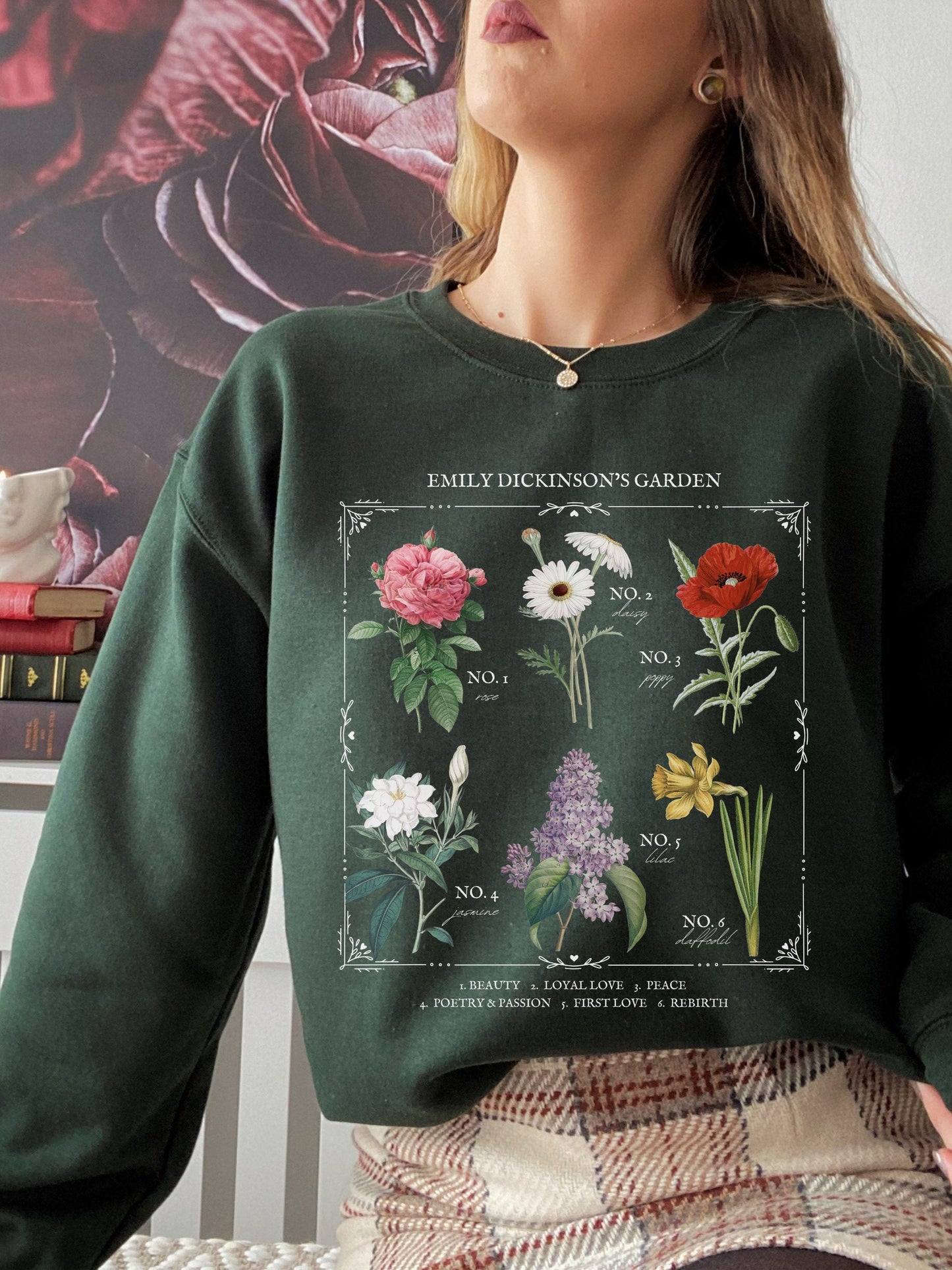 Emily Dickinson Garden Flower Chart Herbology Floral Sweatshirt * Bookish Merch Bookworm Gift Poet Literature Shirt Dark Academia Aesthetic