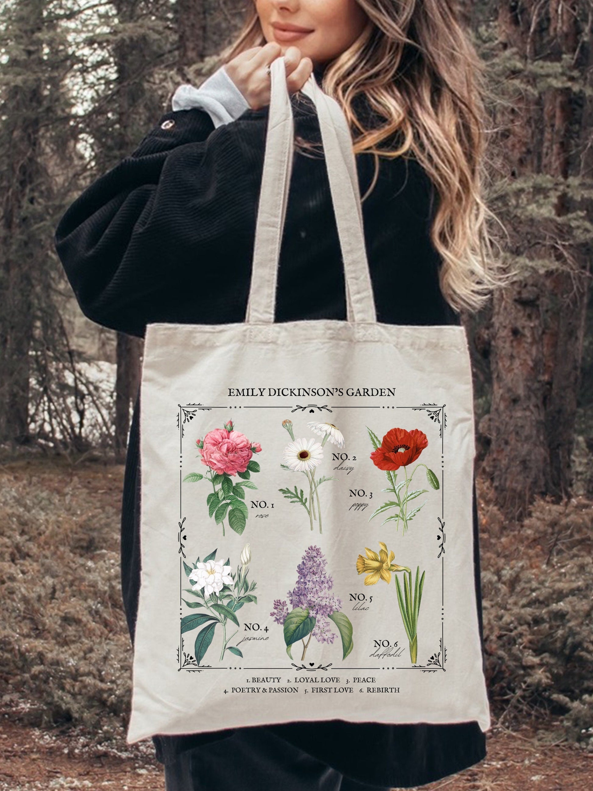 Emily Dickinson Garden Flower Chart Herbology Floral Tote Book Bag Bookish Merch Bookworm Gift Poet Literature Shirt Dark Academia Aesthetic
