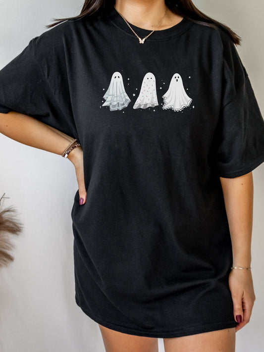 Cottagecore aesthetic ghosts halloween tee shirt * vintage retro oversized Halloween graphic tshirt floral doily sheet * boo spooky season