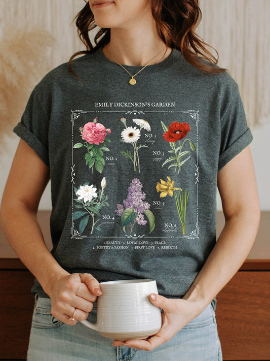 Emily Dickinson Garden Literary Flower Chart * Herbology Floral Tee Shirt Bookish Merch Bookworm Gift Poet Literature Shirt Dark Academia