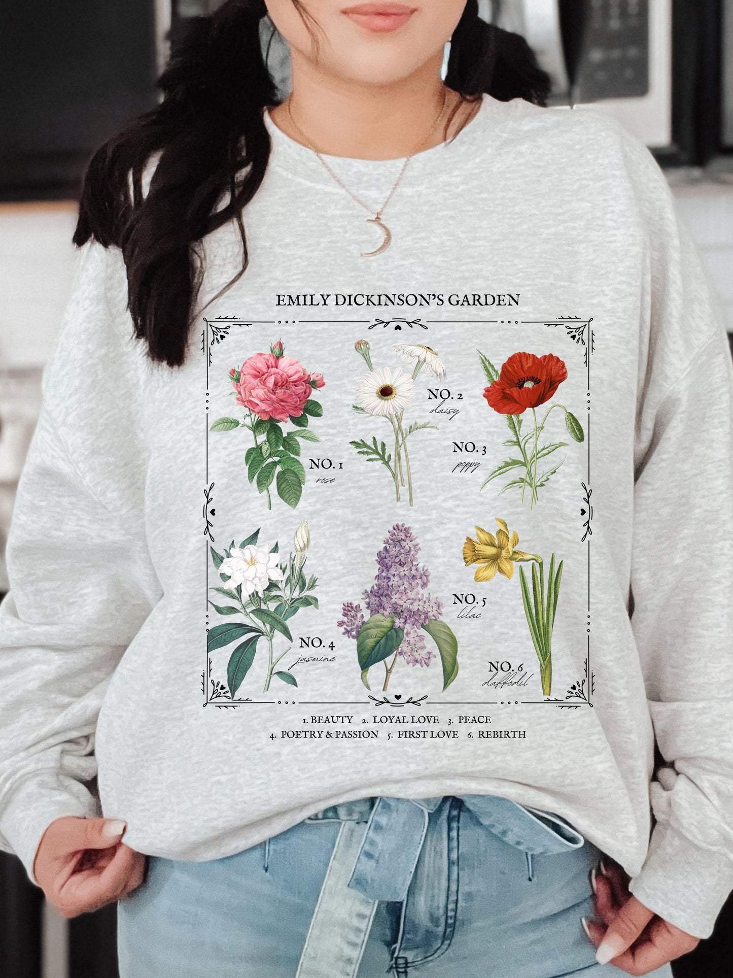 Emily Dickinson Garden Flower Chart Herbology Floral Sweatshirt * Bookish Merch Bookworm Gift Poet Literature Shirt Dark Academia Aesthetic