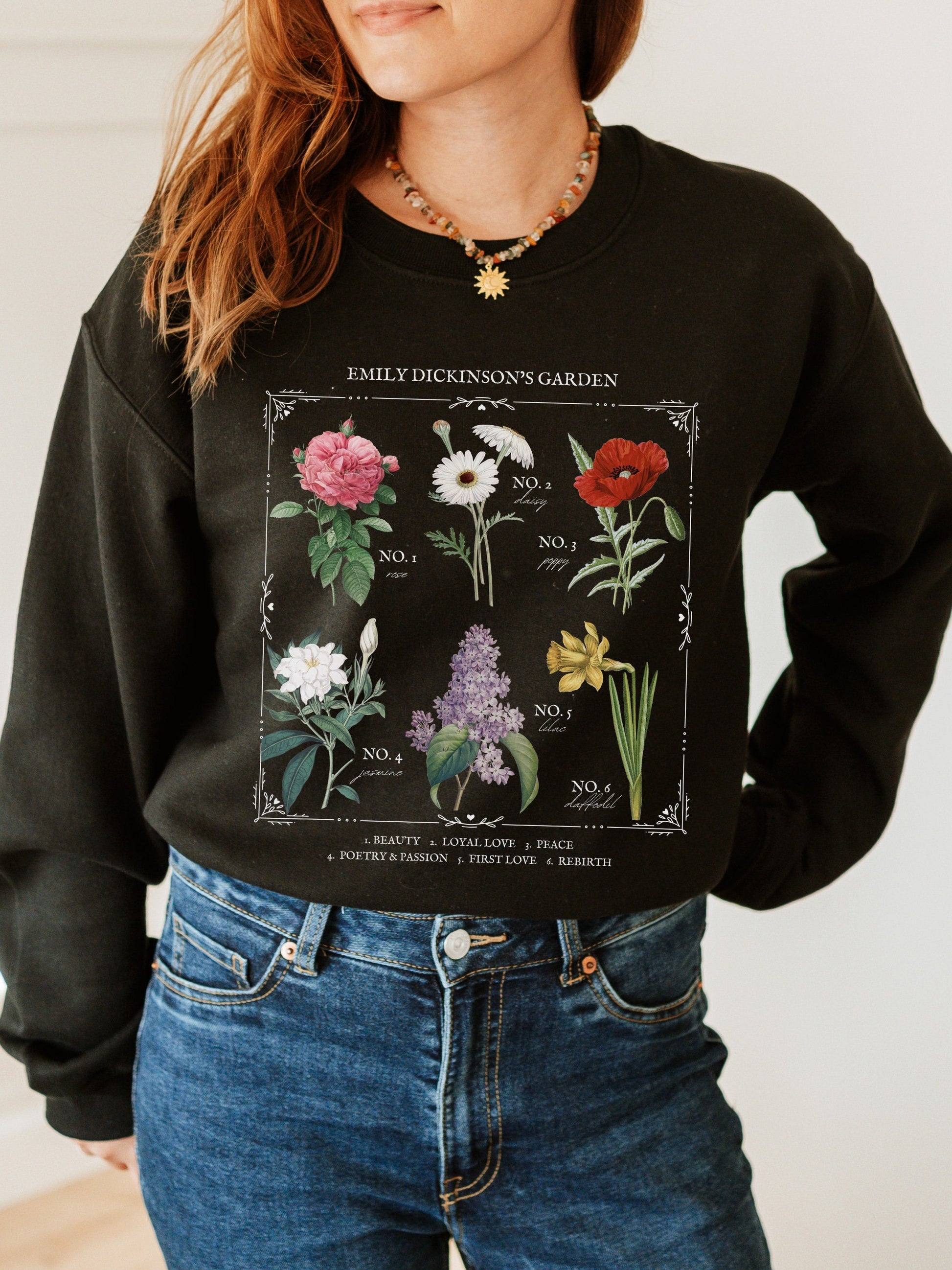 Emily Dickinson Garden Flower Chart Herbology Floral Sweatshirt * Bookish Merch Bookworm Gift Poet Literature Shirt Dark Academia Aesthetic