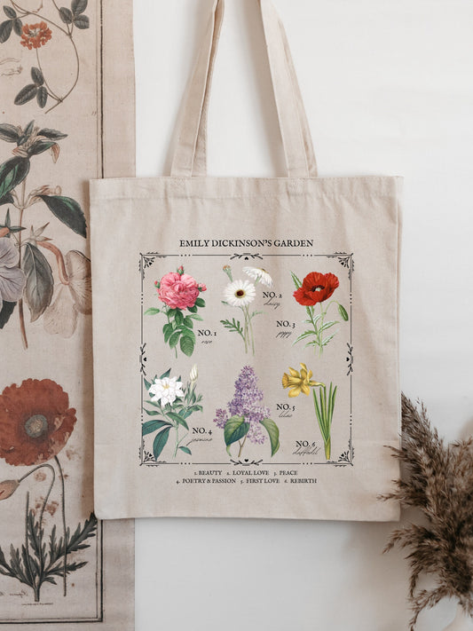 Emily Dickinson Garden Flower Chart Herbology Floral Tote Book Bag Bookish Merch Bookworm Gift Poet Literature Shirt Dark Academia Aesthetic