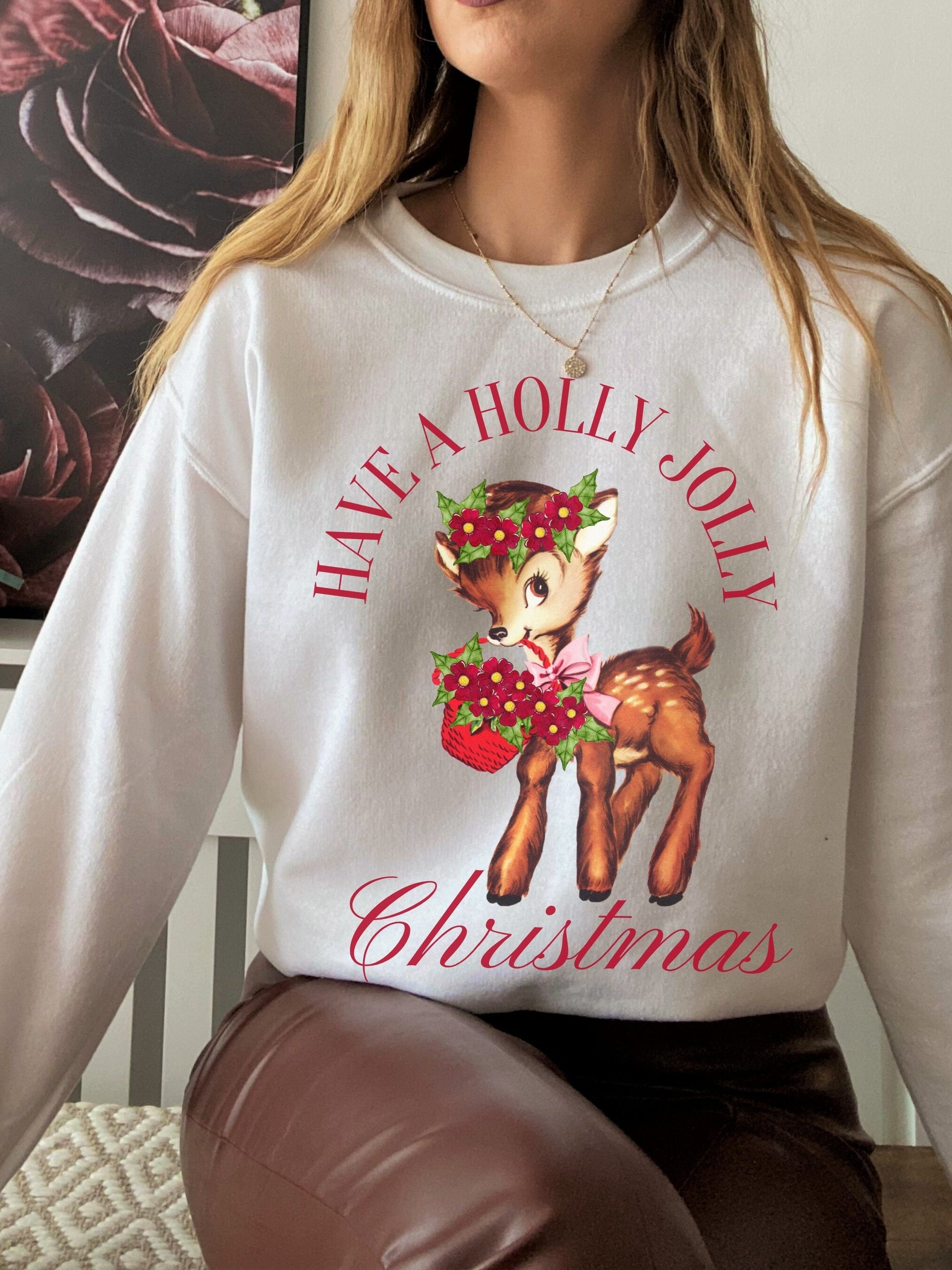 Retro Cute Christmas Reindeer Deer Have a Holly Jolly Christmas Vintage Look Unisex Crewneck Ugly Sweatshirt Holiday White Elephant Gifttok