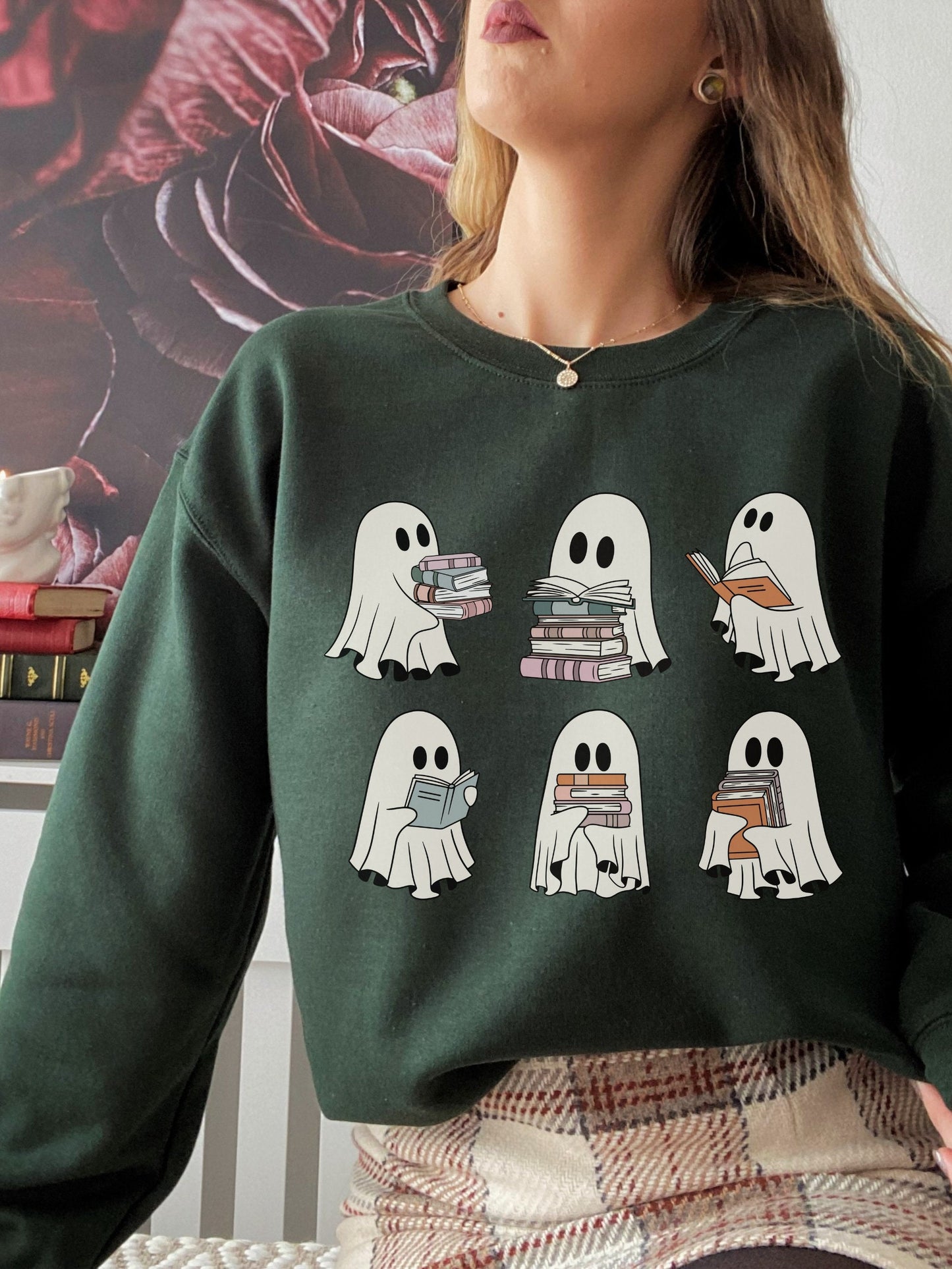 Ghost Reading Books Crewneck Sweatshirt * Bookish Halloween Teacher Librarian Gift * Bookworm Book Lover Merch Retro Cute Spooky Season