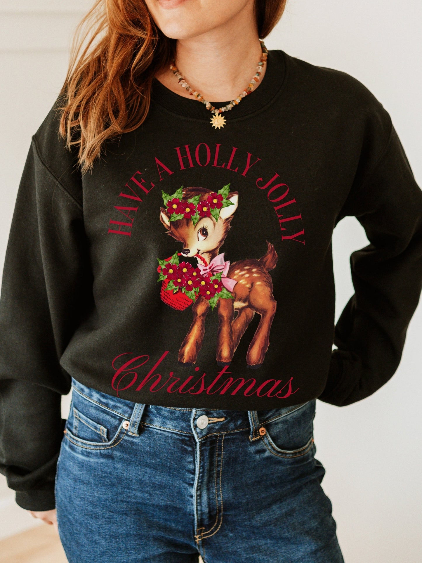 Retro Cute Christmas Reindeer Deer Have a Holly Jolly Christmas Vintage Look Unisex Crewneck Ugly Sweatshirt Holiday White Elephant Gifttok