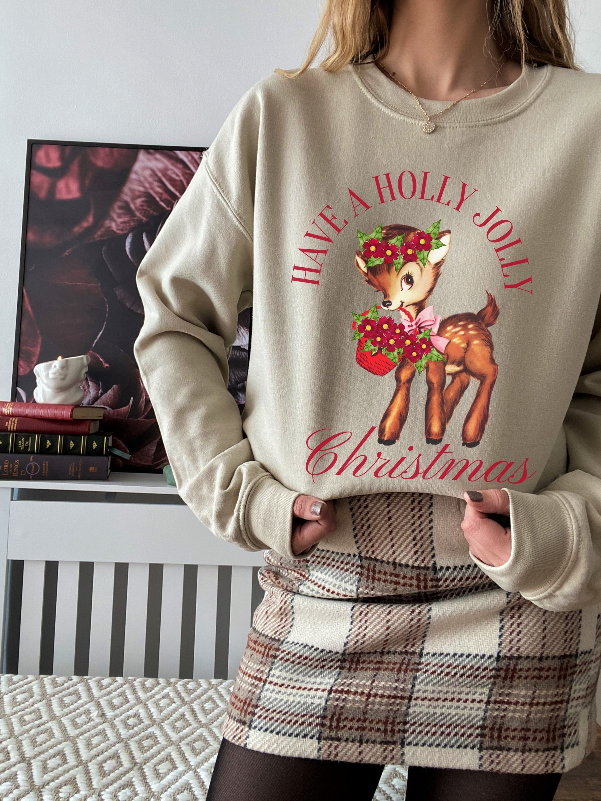 Retro Cute Christmas Reindeer Deer Have a Holly Jolly Christmas Vintage Look Unisex Crewneck Ugly Sweatshirt Holiday White Elephant Gifttok