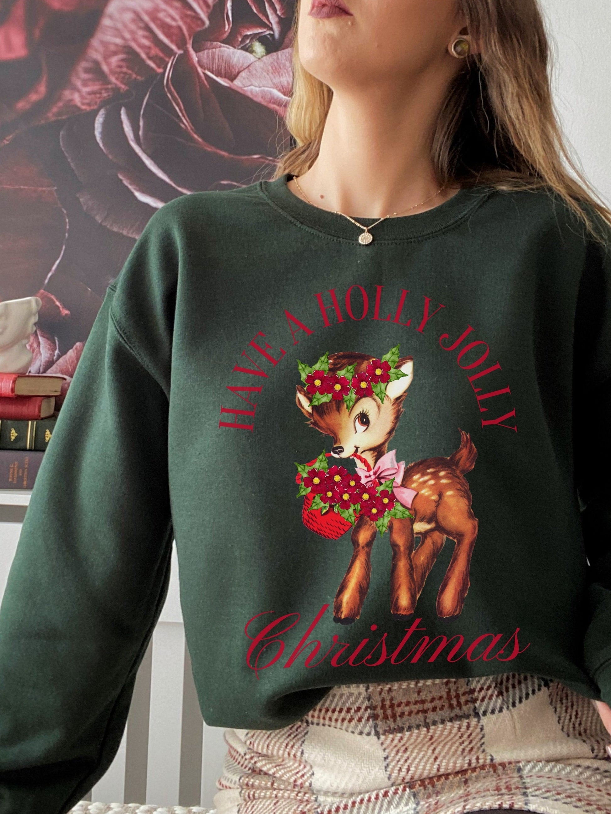 Retro Cute Christmas Reindeer Deer Have a Holly Jolly Christmas Vintage Look Unisex Crewneck Ugly Sweatshirt Holiday White Elephant Gifttok