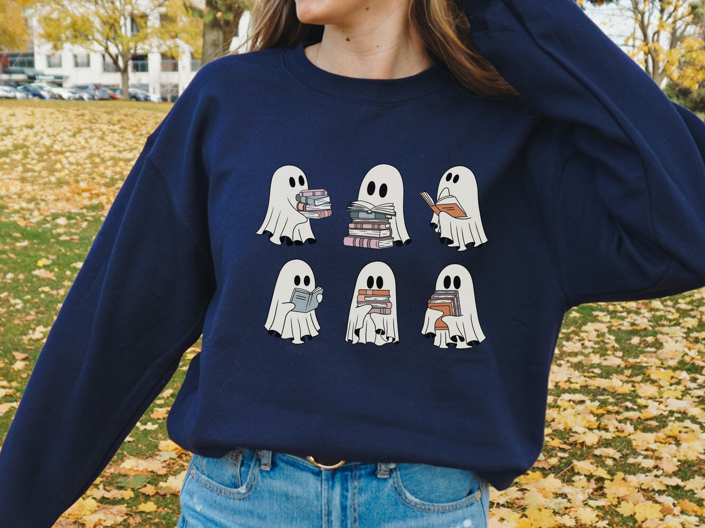 Ghost Reading Books Crewneck Sweatshirt * Bookish Halloween Teacher Librarian Gift * Bookworm Book Lover Merch Retro Cute Spooky Season