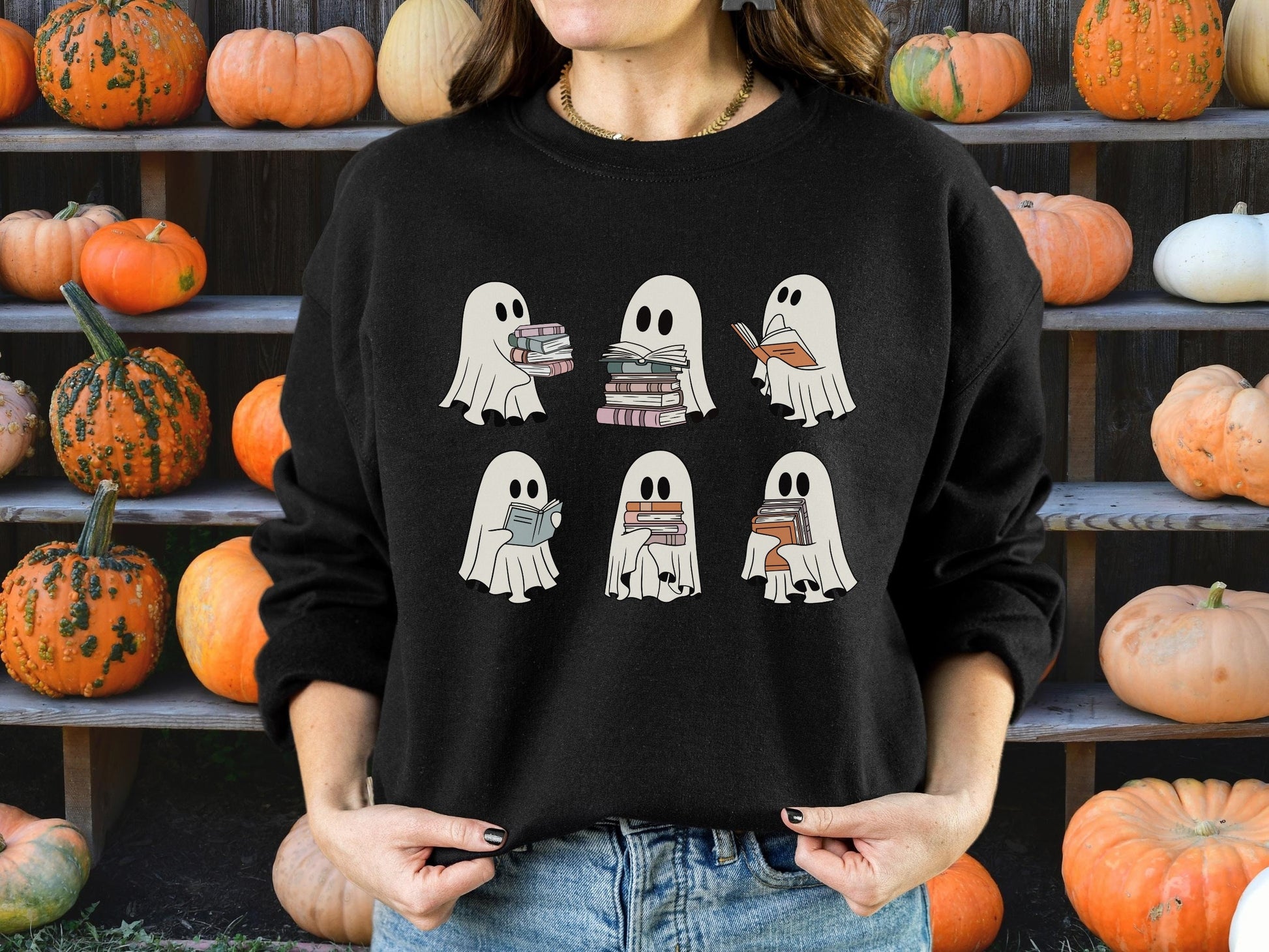 Ghost Reading Books Crewneck Sweatshirt * Bookish Halloween Teacher Librarian Gift * Bookworm Book Lover Merch Retro Cute Spooky Season