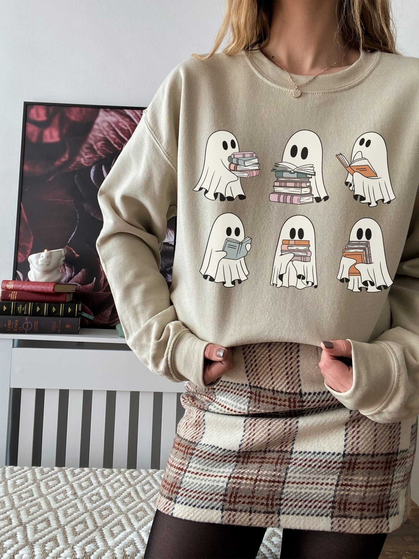 Ghost Reading Books Crewneck Sweatshirt * Bookish Halloween Teacher Librarian Gift * Bookworm Book Lover Merch Retro Cute Spooky Season