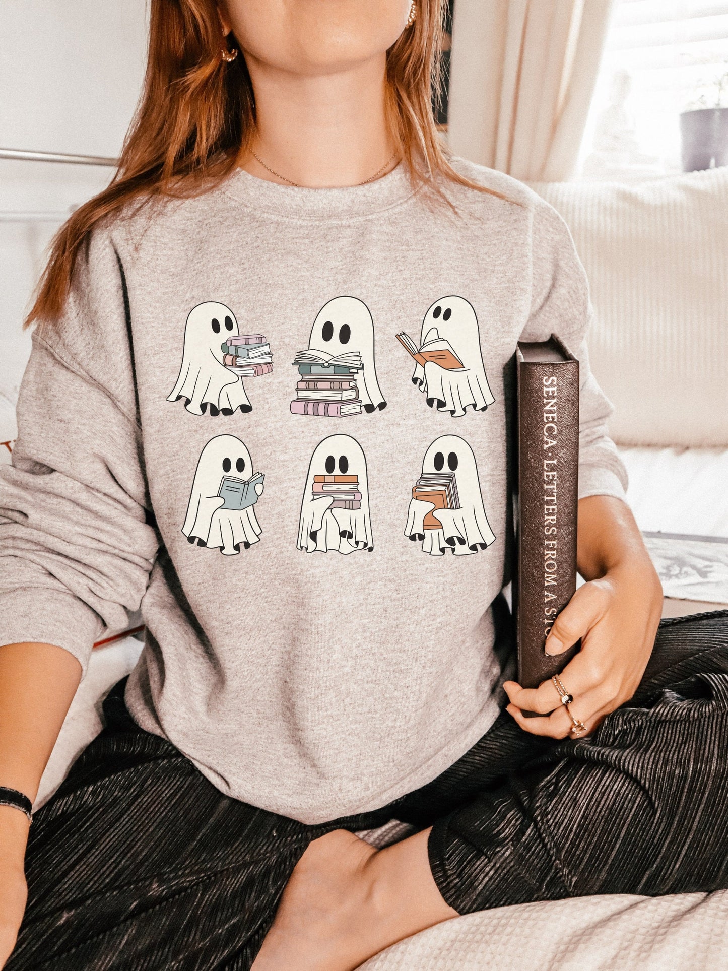 Ghost Reading Books Crewneck Sweatshirt * Bookish Halloween Teacher Librarian Gift * Bookworm Book Lover Merch Retro Cute Spooky Season