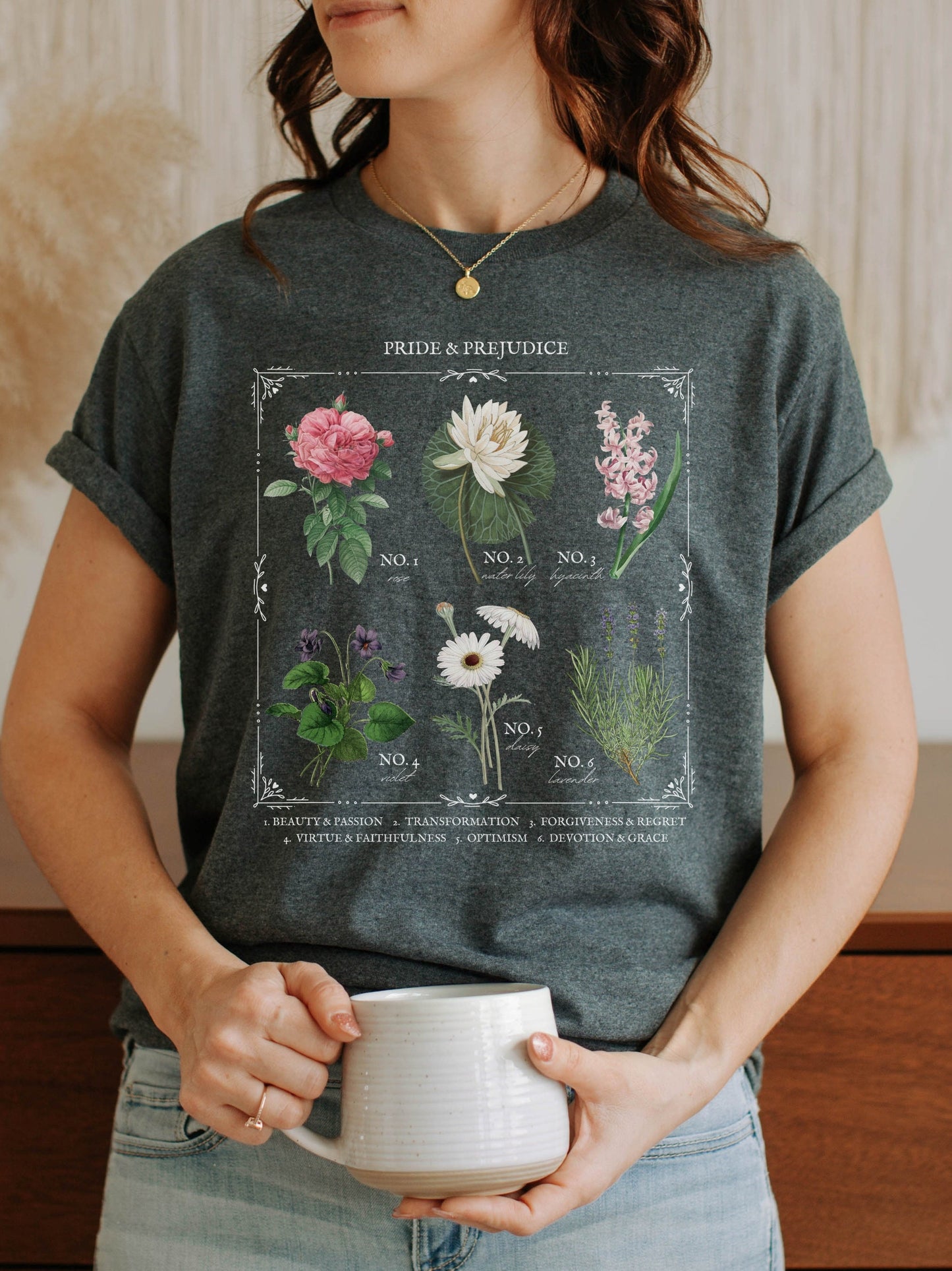 Jane Austen Pride and Prejudice flower chart tee shirt * Poetry Literature Bookish Book Merch Lover Christmas Gift Ideas mr darcy pemberley