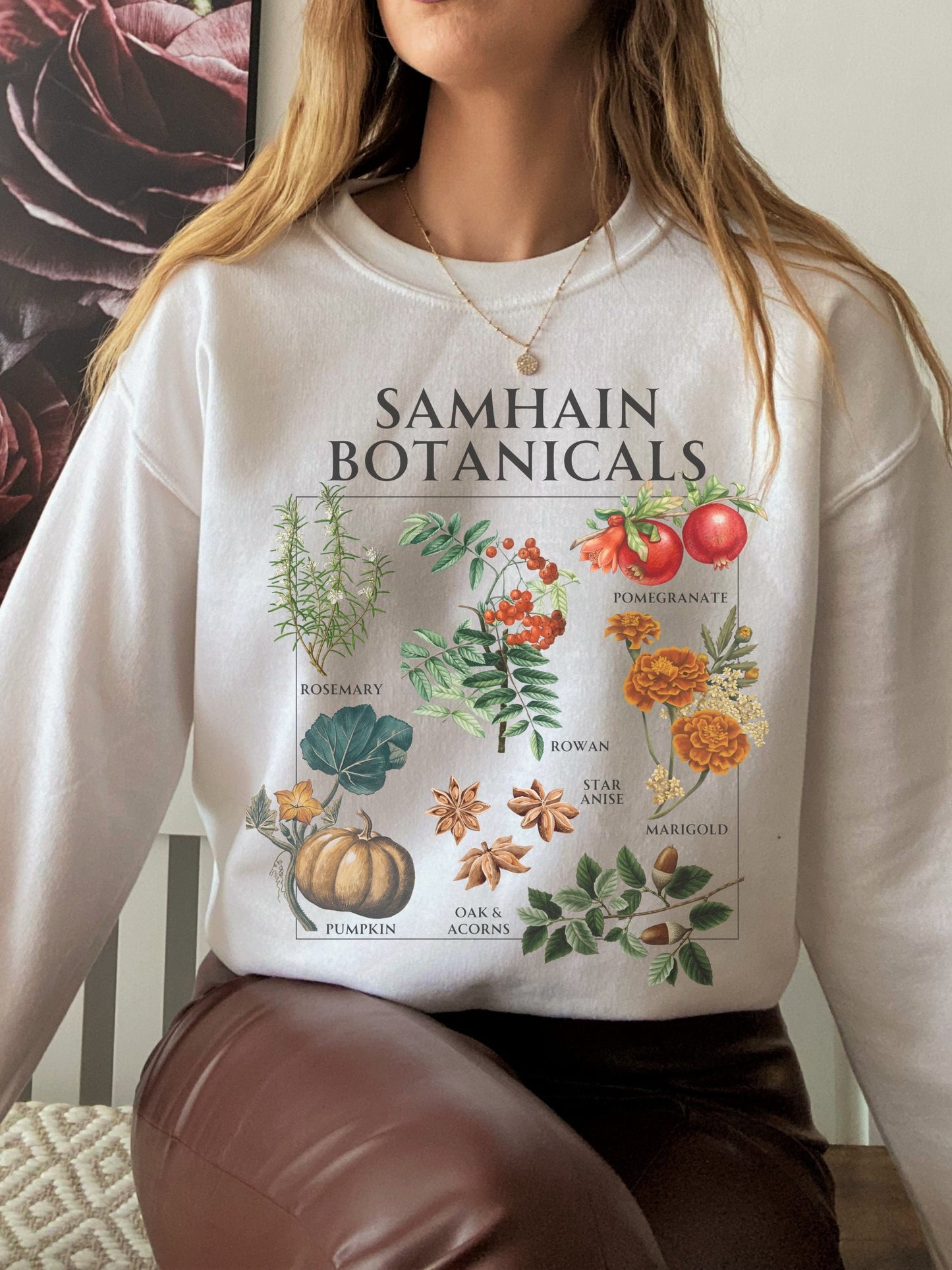 Samhain Botanicals Herbology Sweatshirt Witchy Cottagecore Halloween Wheel of the Year Green Witch Wild Flower Chart Tshirt Fall Aesthetic